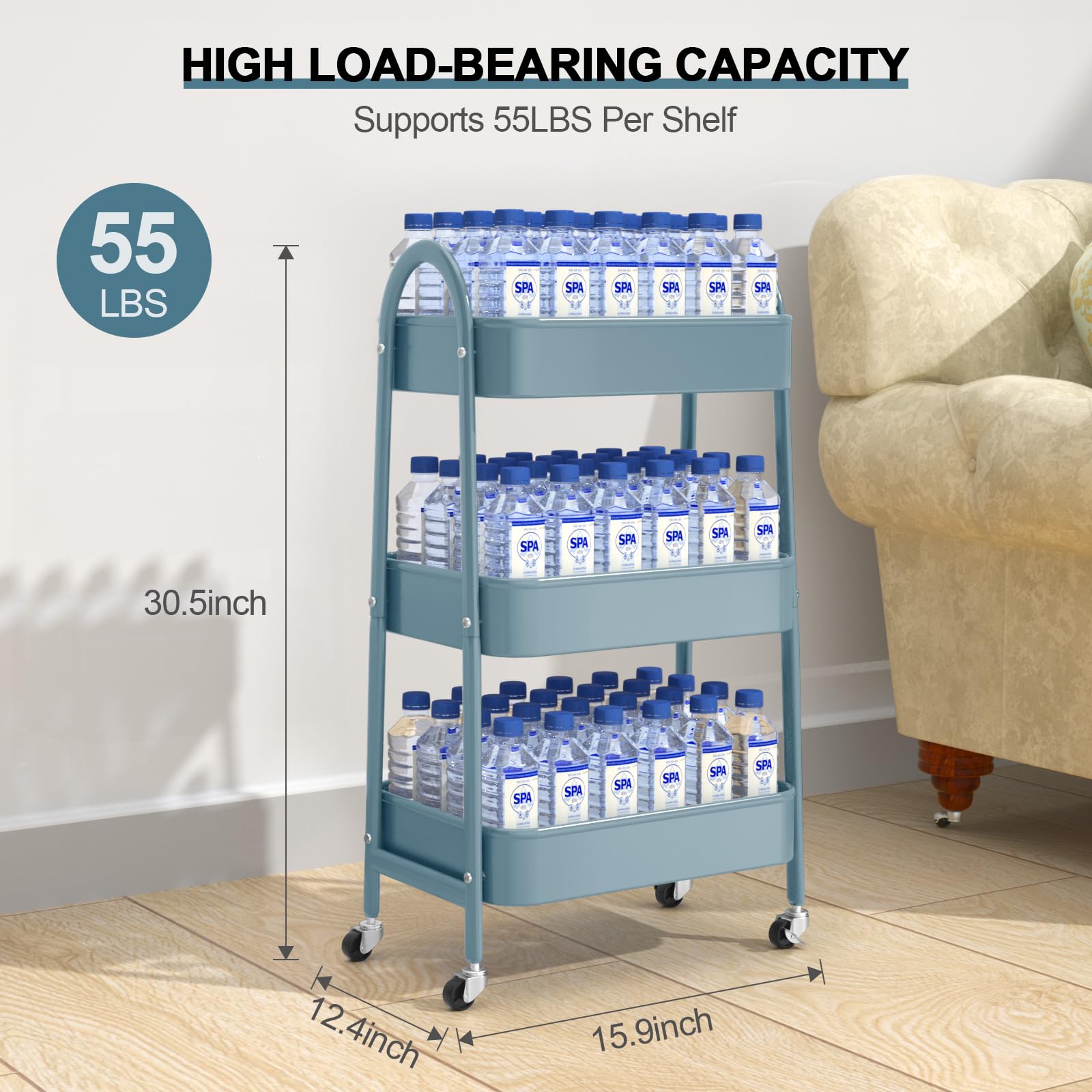 EAGMAK 3 Tier Rolling Cart, Large Metal Storage Cart with Handle and Lockable Wheels, Big Multifunctional Storage Organizer Trolley with Mesh Baskets for Kitchen, Living Room, Office, Garage (Beige)
