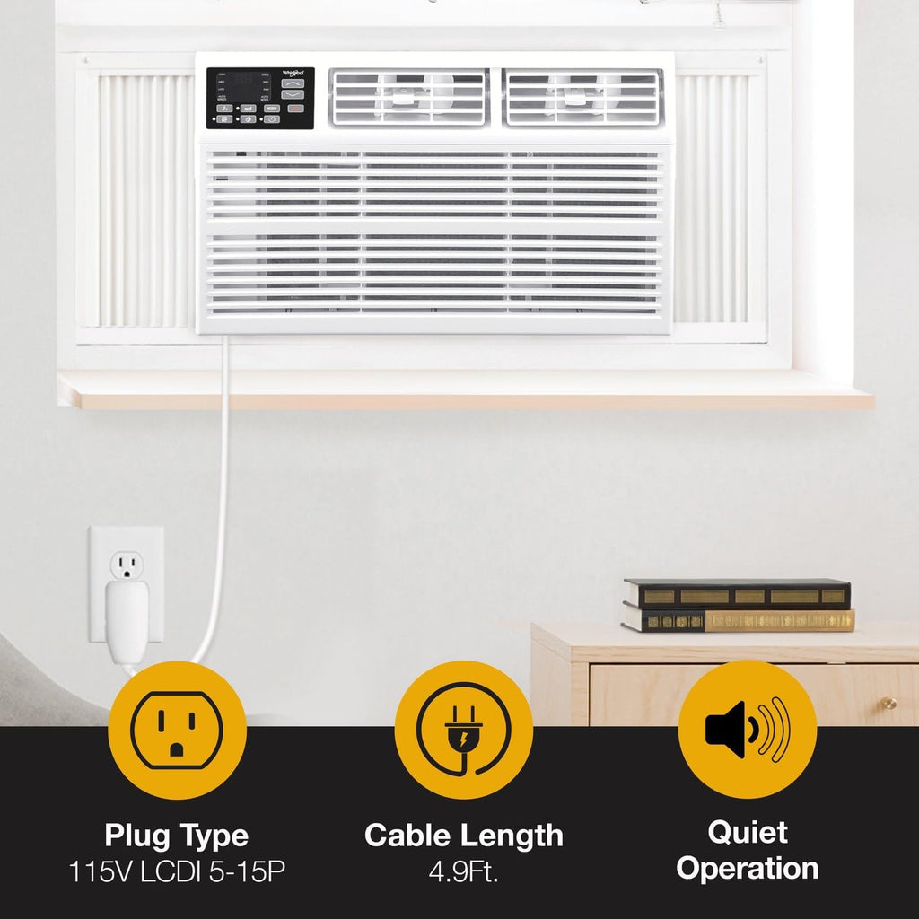 Whirlpool 15,000 BTU Window Air Conditioner with Dehumidifier, 115V, Window AC for Rooms up to 700 Sq. Ft., Living Room, Bedroom, or Kitchen, with Remote Control, Auto-Restart, and 24H-Timer, White