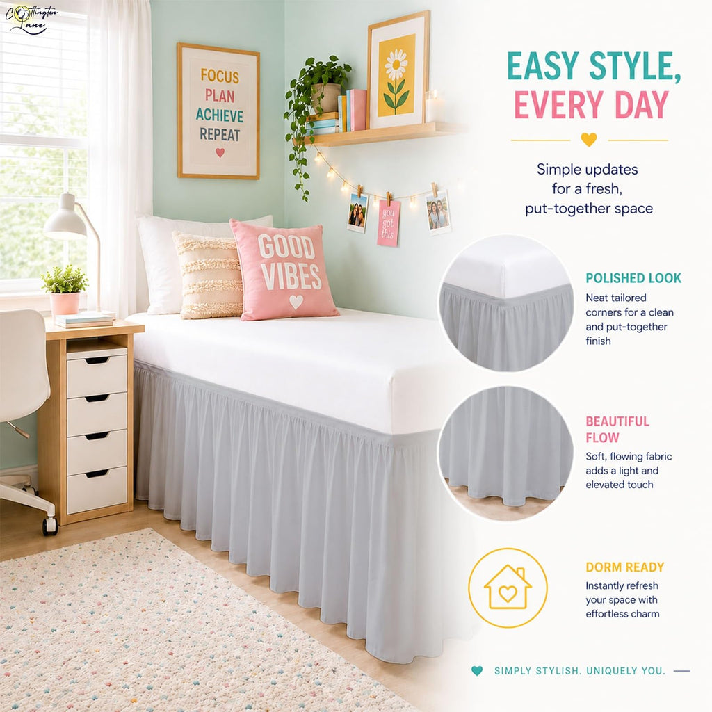 Cottington Lane Ruffled Dorm Room Bed Skirt Twin XL 25 Inch Drop, Hotel Quality Premium Brushed Microfiber Twin Extra Long College Dust Ruffle, White