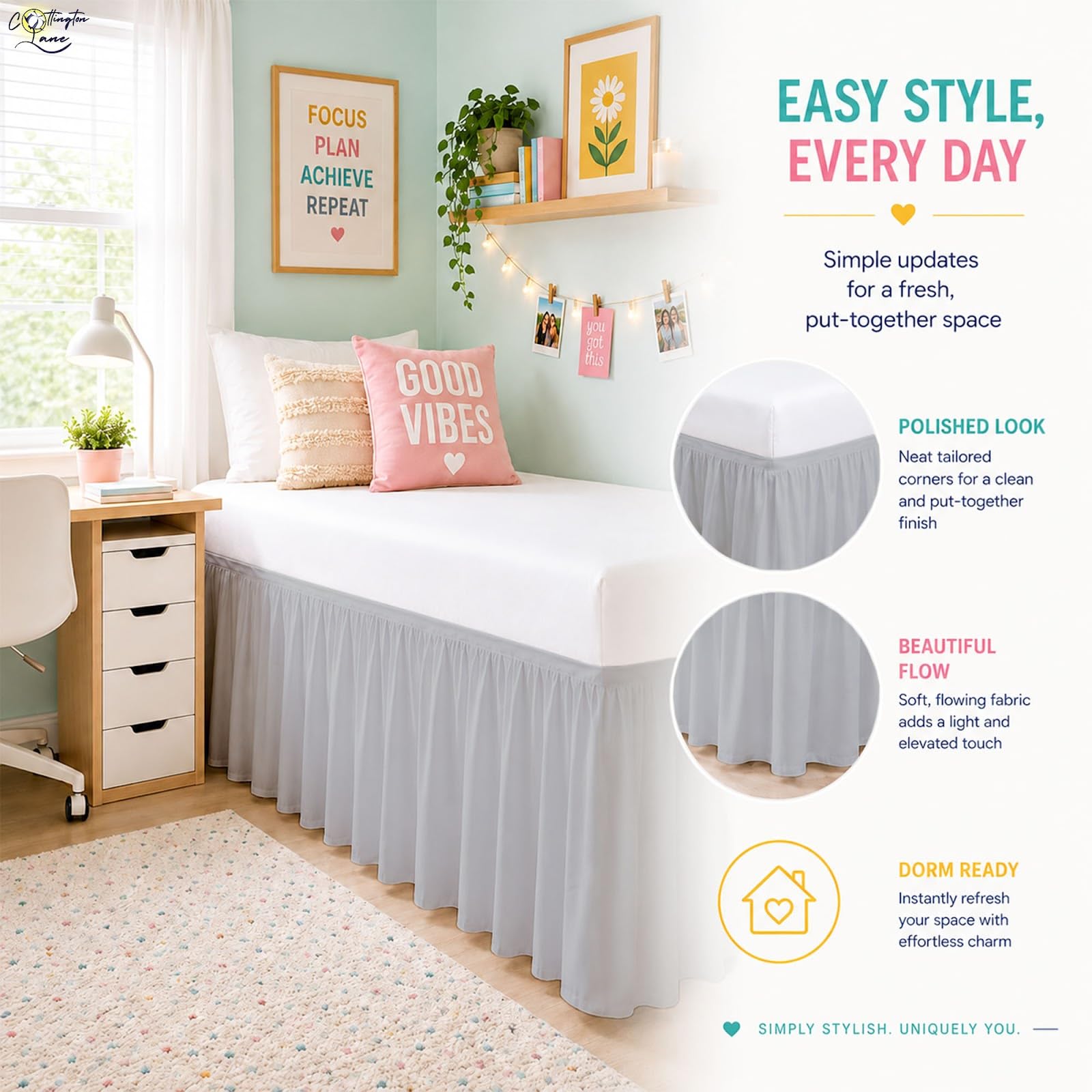 Cottington Lane Ruffled Dorm Room Bed Skirt Twin XL 25 Inch Drop, Hotel Quality Premium Brushed Microfiber Twin Extra Long College Dust Ruffle, White