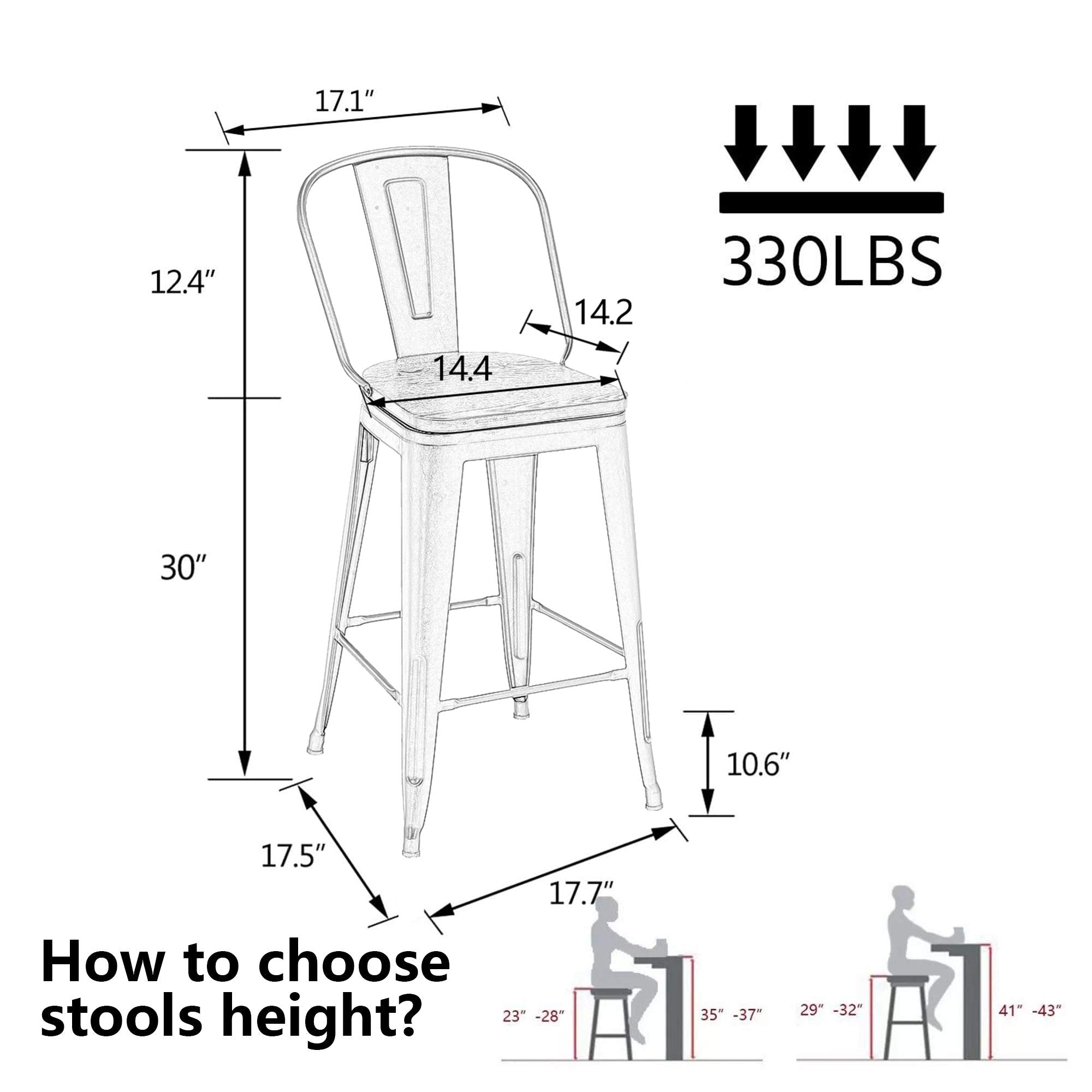 Alunaune 24" Swivel Metal Bar Stools Set of 4 High Back Counter Height Barstools Industrial Dining Bar Chairs with Large Wooden Seat-Matte Black