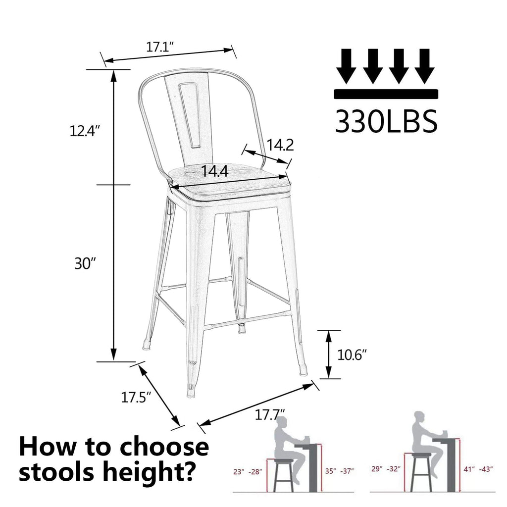 Alunaune 24" Swivel Metal Bar Stools Set of 4 High Back Counter Height Barstools Industrial Dining Bar Chairs with Large Wooden Seat-Matte Black