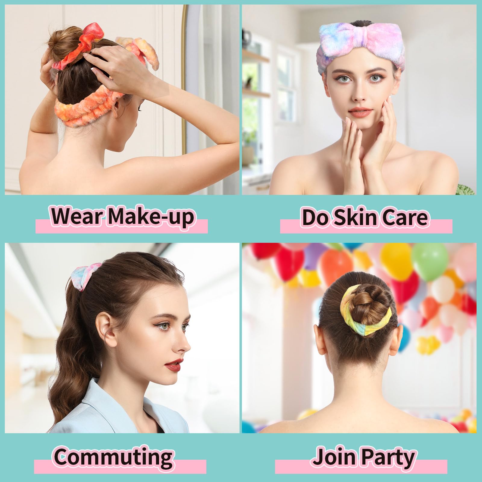 LEOBRO Spa Headband, 6pcs Makeup Headbands and Hair Scrunchies, Bow Skin Care Headband for Washing Face for Teen Girls Women, Easter Basket Valentines Gifts for Girls, Black & White & Gray