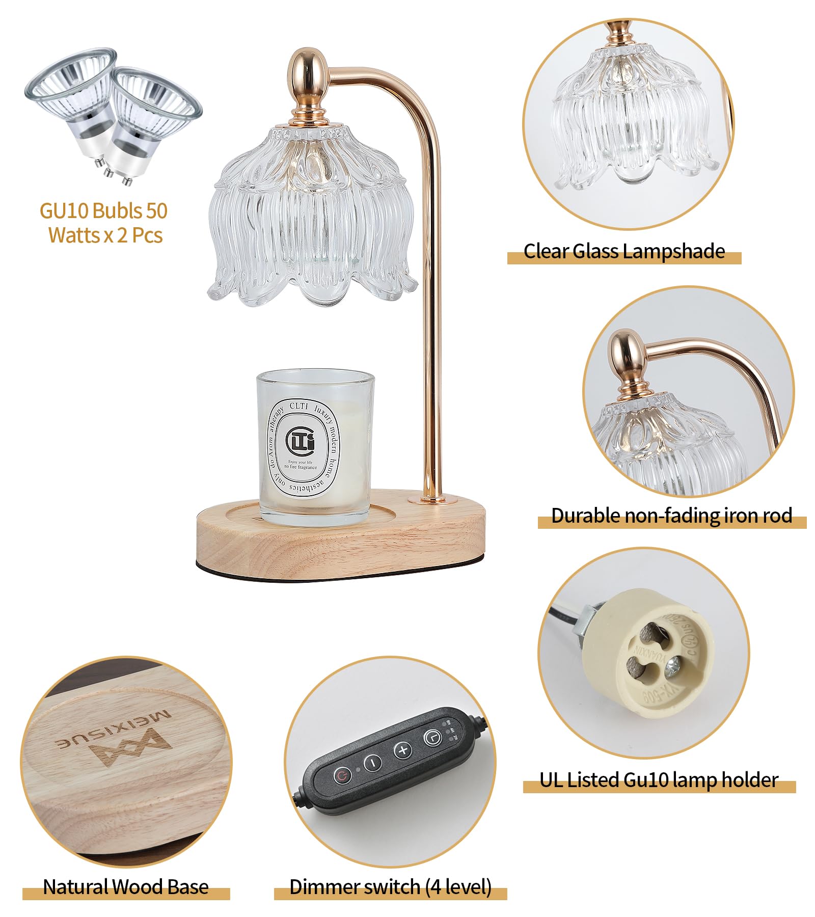 MEIXISUE Candle Warmer Lamp with Timer and Dimmer,Electric Amber Light Gifts for Women Melt Wax Warmer Lamp with 2 Bulbs for Candle Jars House Warming New Home Decor