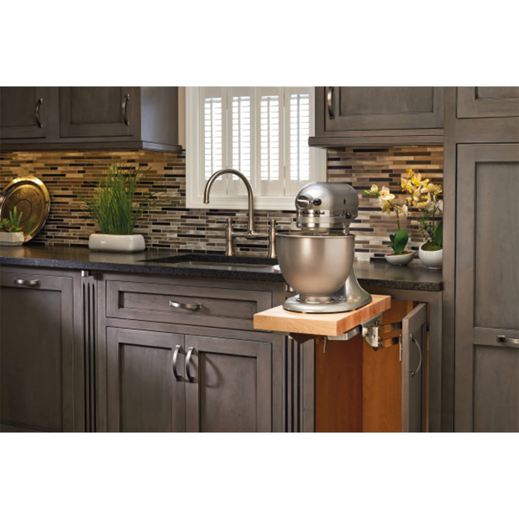 Rev-A-Shelf Heavy-Duty Stand Mixer Lift for Kitchen Base Cabinets, Zinc - Spring-Loaded Lifting System for Small Countertop Appliance Storage, Min Opening Width of 12", RAS-ML-HDCR
