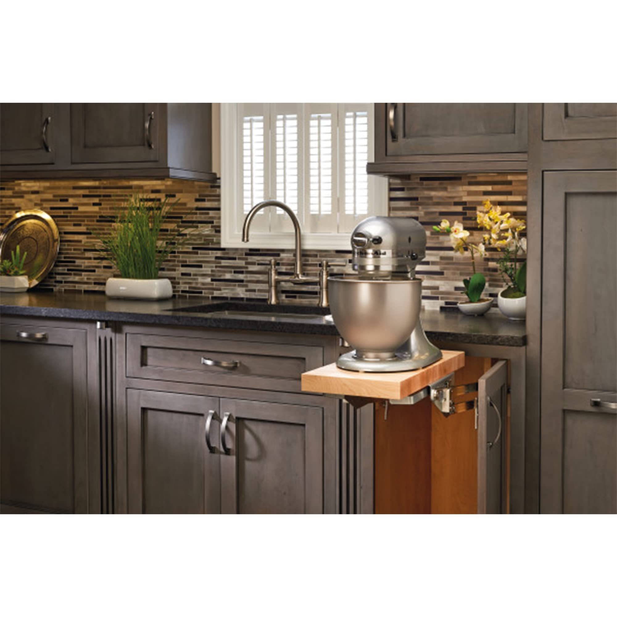 Rev-A-Shelf Heavy-Duty Stand Mixer Lift for Kitchen Base Cabinets, Zinc - Spring-Loaded Lifting System for Small Countertop Appliance Storage, Min Opening Width of 12", RAS-ML-HDCR