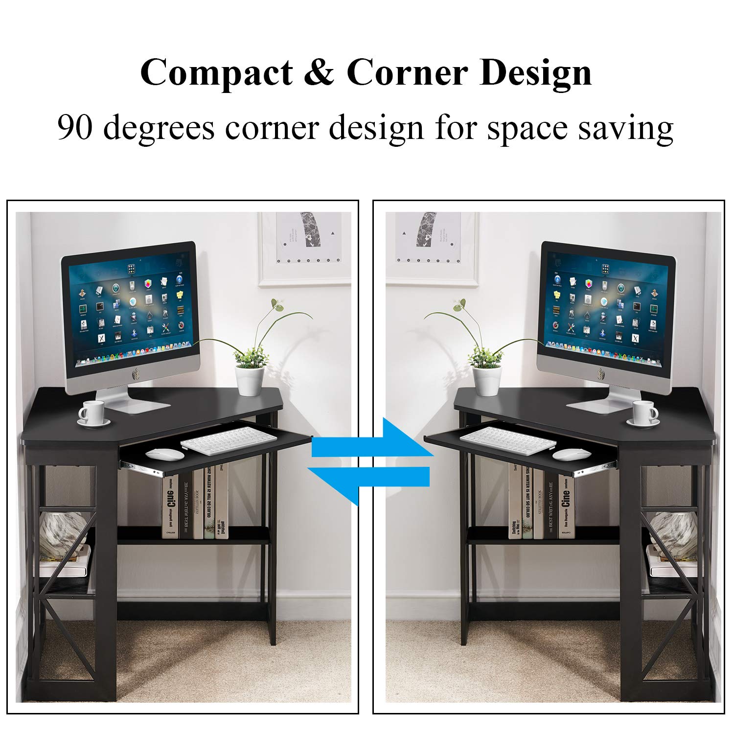 VECELO Corner Desk Computer Desk Writing Table with Smooth Keyboard Tray & Storage Shelves,Compact Home Office Triangle Table,Antique Brown