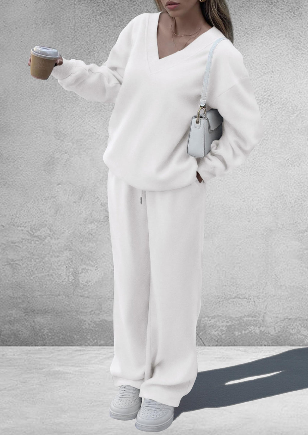 PRETTYGARDEN Casual Winter Two Piece Sets for Women 2026 V Neck Sweatshirt Loose Wide Leg Pants Tracksuit Knit Fall Outfits