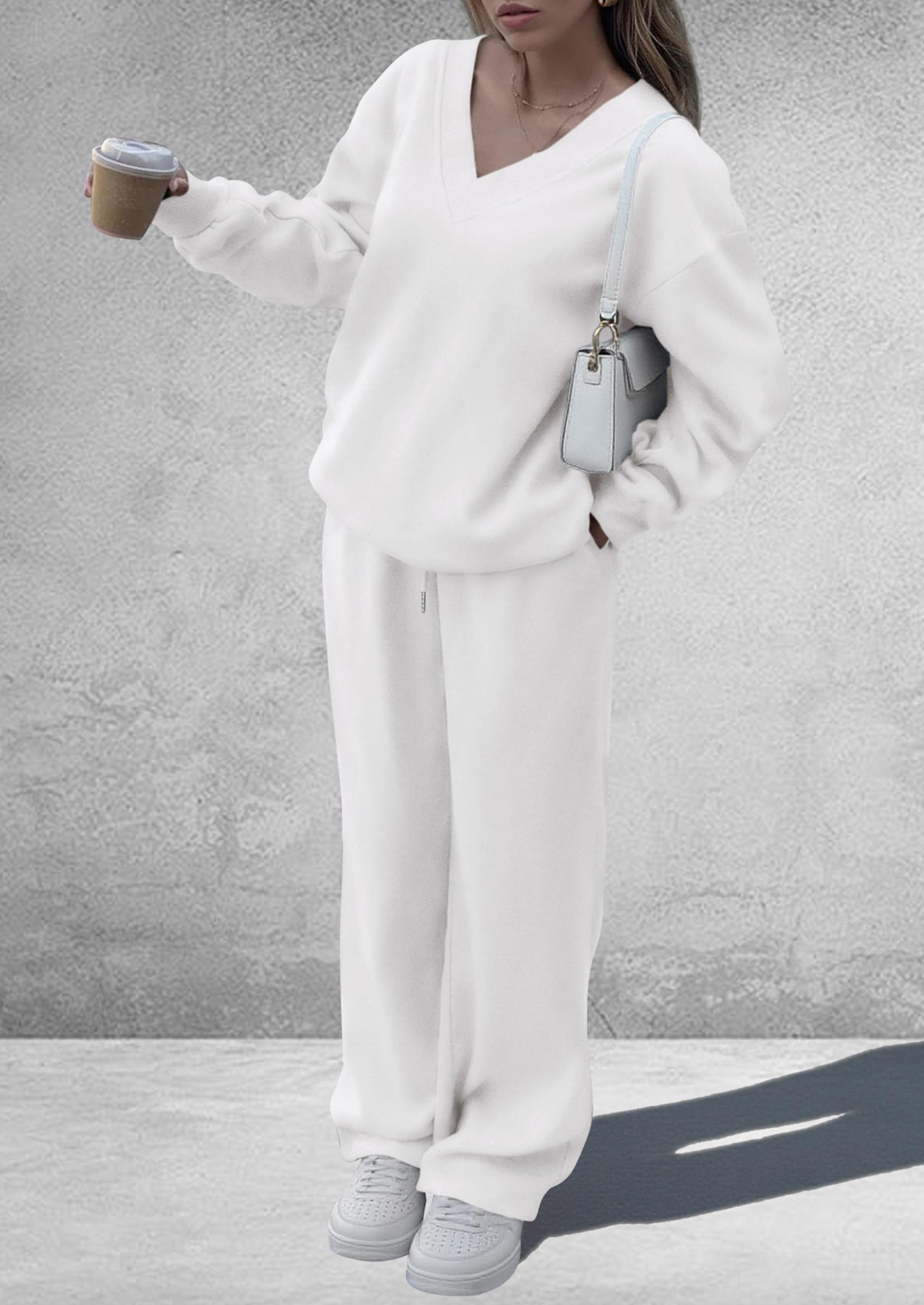 PRETTYGARDEN Casual Winter Two Piece Sets for Women 2026 V Neck Sweatshirt Loose Wide Leg Pants Tracksuit Knit Fall Outfits
