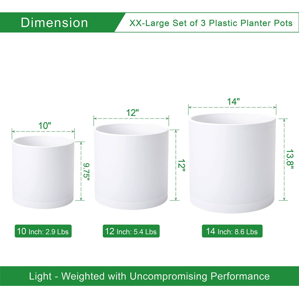 D'vine Dev 6.5 Inch 8 Inch 10 Inch, Set of 3 Plastic Planter Pots for Plants with Drainage Hole and Seamless Saucers, Black Color, Large, 74-V-B-4
