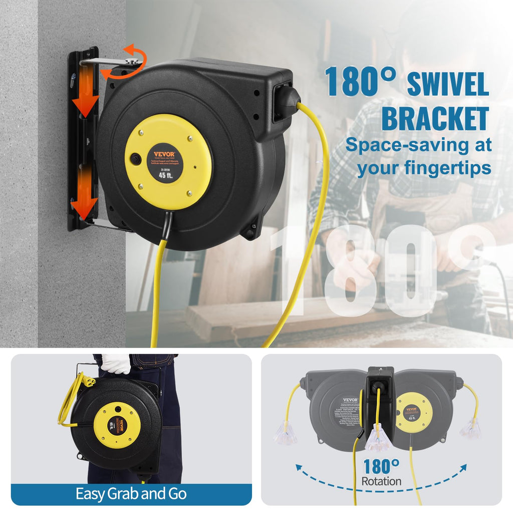 VEVOR Retractable Extension Cord Reel, 30 FT, Heavy Duty 16AWG/3C SJTOW Retractable Power Cord Reel with Lighted Triple Tap Outlet 10 Amp Circuit Breaker 4.5FT Lead-in Cord, for Ceiling or Wall Mount