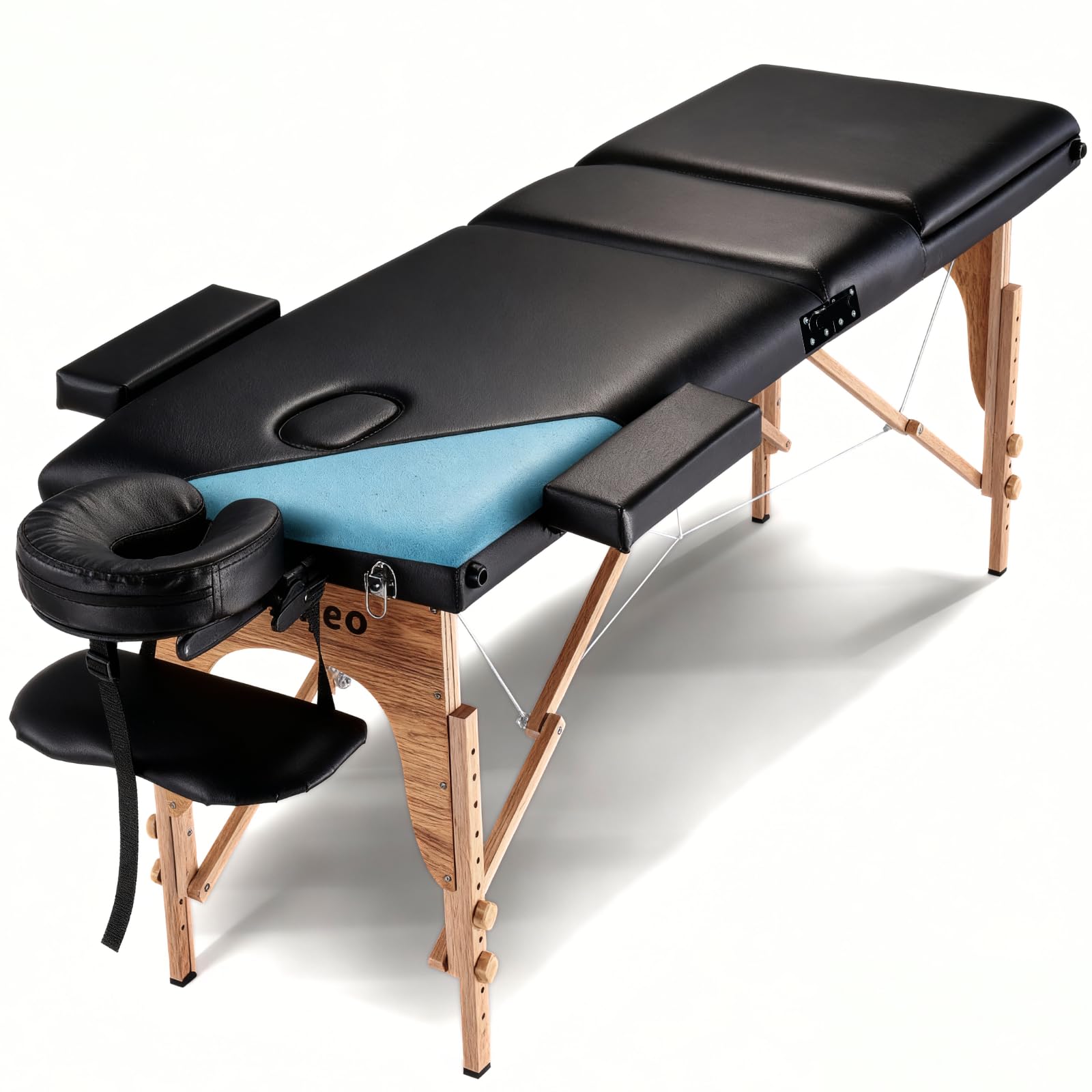 Portable Massage Table Massage Bed Professional SPA Reiki Eyelash Salon Bed, Wooden Frame Height Adjustment Accessories, Black (3-Section)