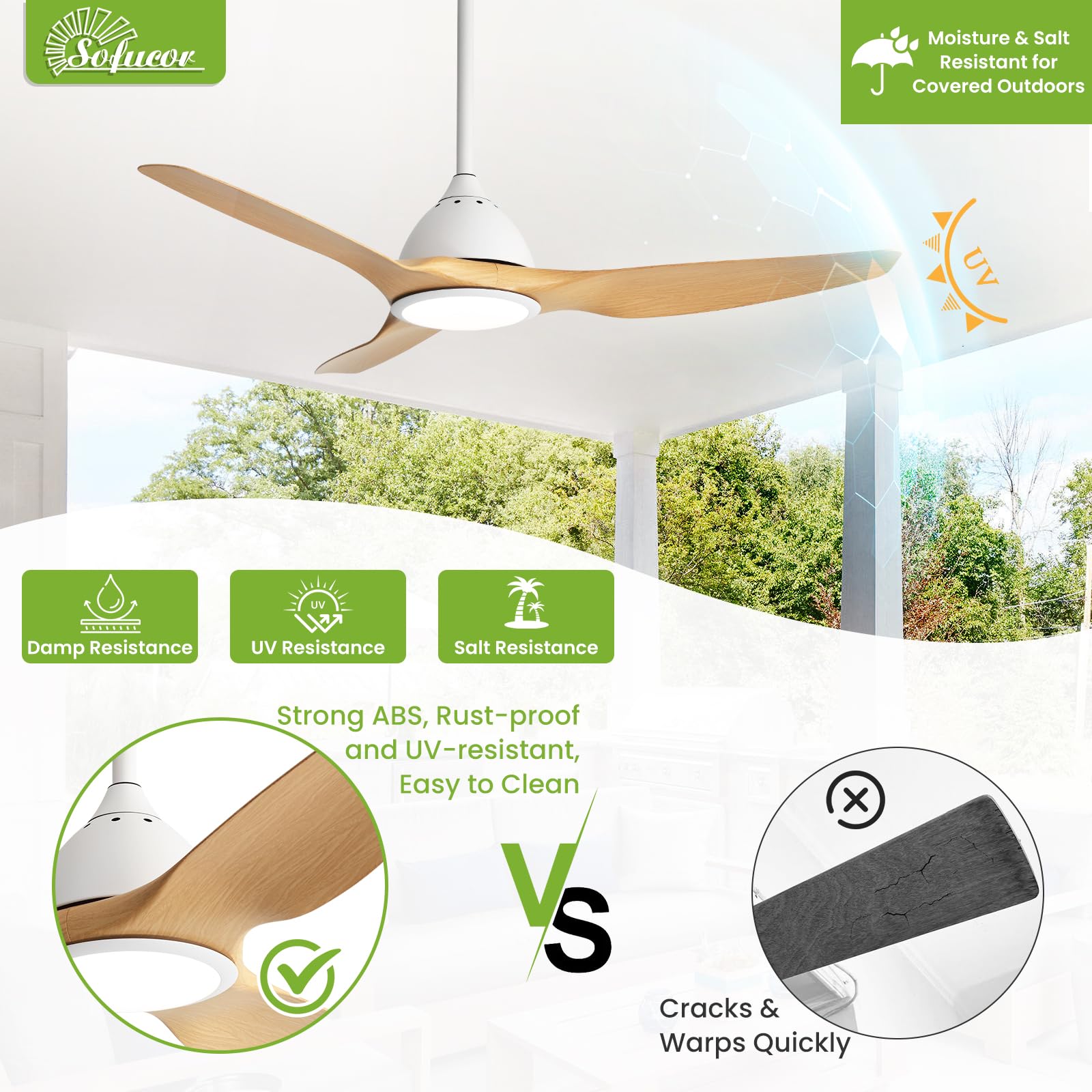 Sofucor 52 Inch Outdoor Ceiling Fans with Lights, Modern Ceiling Fan with 3 Plastic Blade, Quiet, Dimmable, High 7000CFM 6-Speed 3-Timer Reversible DC Motor, for Bedroom Living Room, ETL, Black