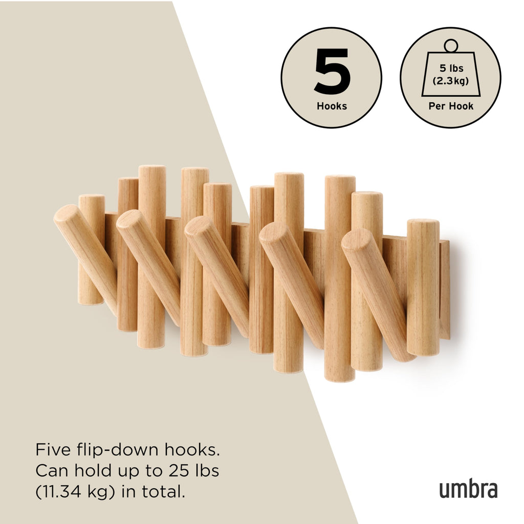 Umbra Picket Wall-Mounted Coat Rack Rail Hook with 5 Retractable Wood Pegs – Modern, Space-Saving Storage Organizer, Black