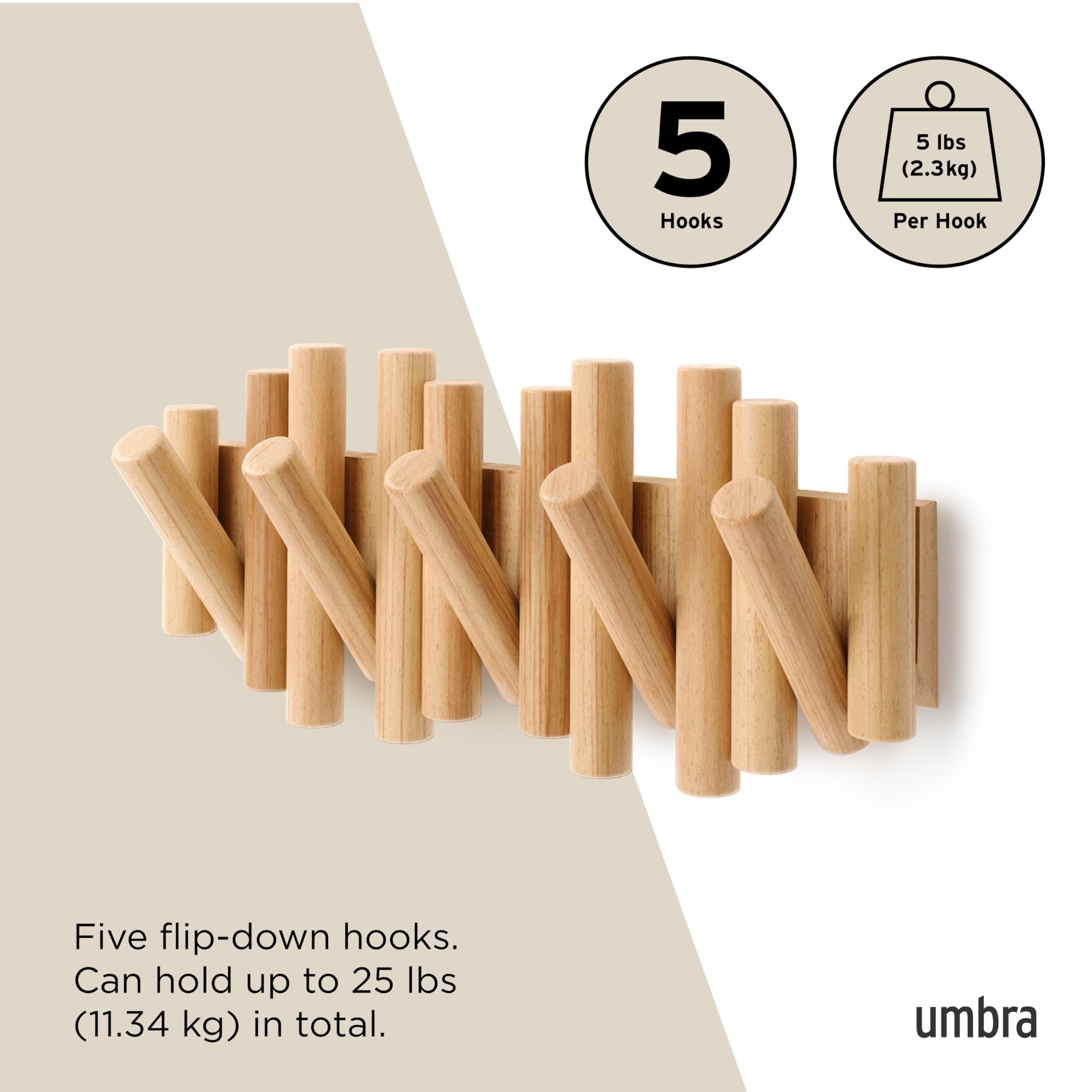 Umbra Picket Wall-Mounted Coat Rack Rail Hook with 5 Retractable Wood Pegs – Modern, Space-Saving Storage Organizer, Black