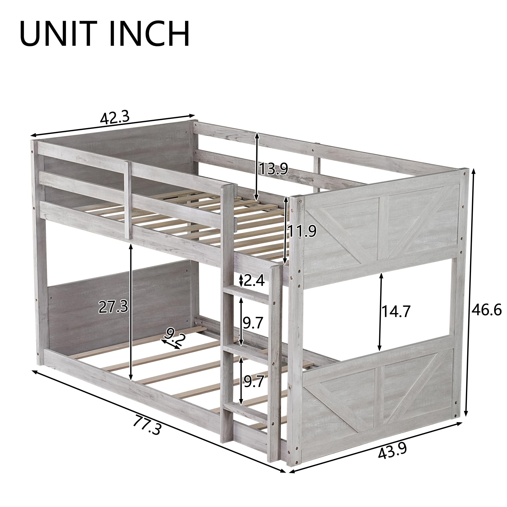 Bunk Bed Twin Over Twin, Wood Low Profile Floor Twin Bunk Beds with Headboard Ladder Guardrails for Kids Boys and Girls, No Box Spring Needed