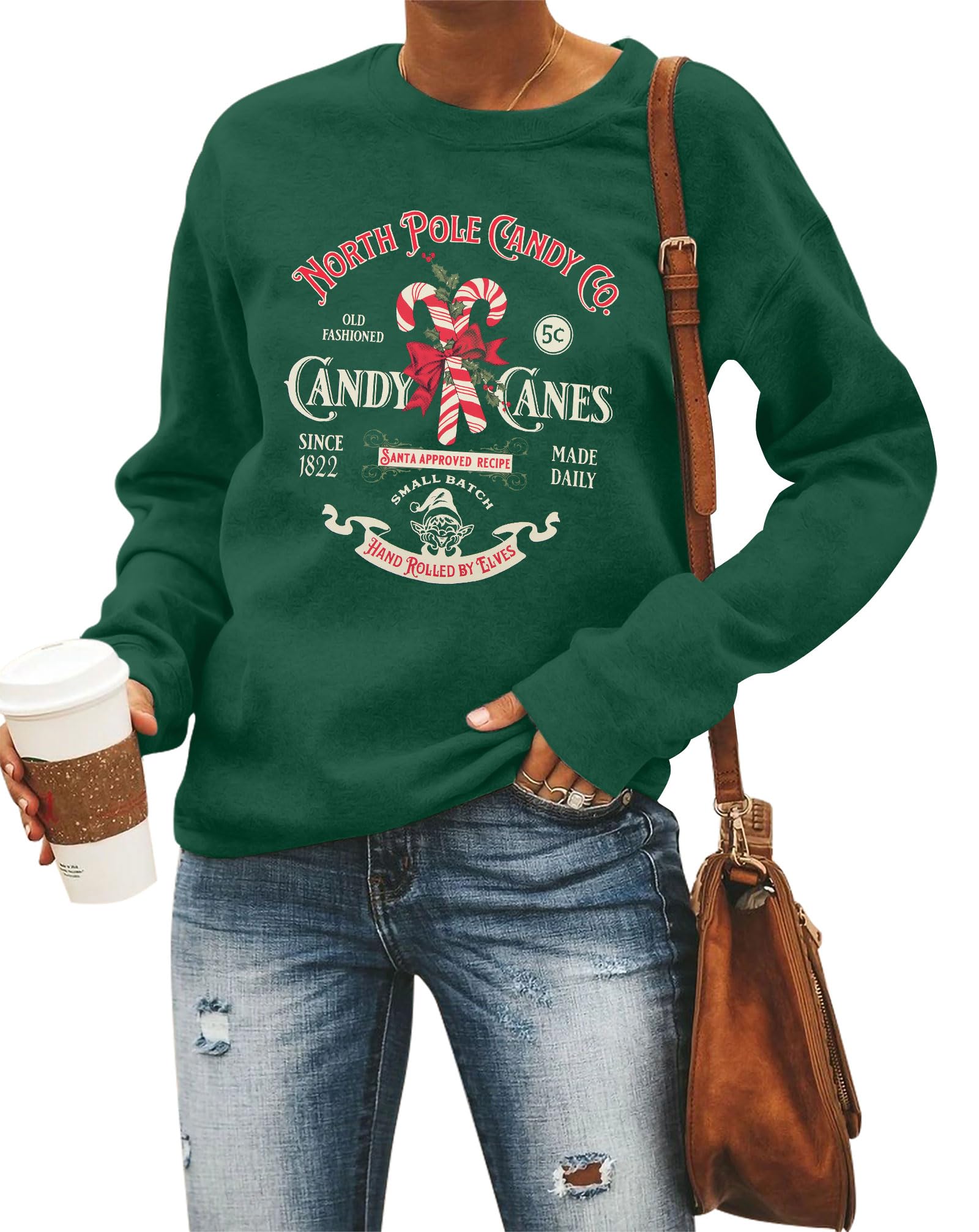 Christmas Sweatshirts Women Candy Canes Graphic Sweatshirt Vintage Xmas Long Sleeve Shirt Pullover Tops