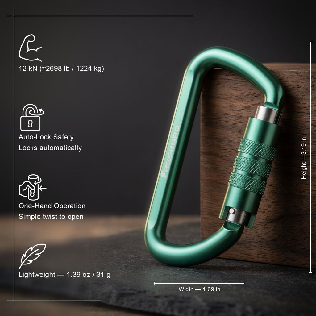 FresKaro 3inch 12kN-2698lbs Auto Locking Carabiner Clips, Solid D Shape, Heavy Duty 7075 Aluminum, Lightweight 1.09oz, Rust Proof, for Hammock, Hiking, Dog Leash, Keychain etc., Multi-Colors