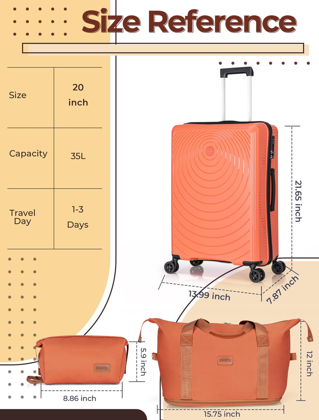CONCEPTEN Luggage Sets,Suitcases with Wheels, Hardshell Suitcase Set, PP Carry on Luggage Set with TSA Lock, Travel Luggage (Black, Bag Type)