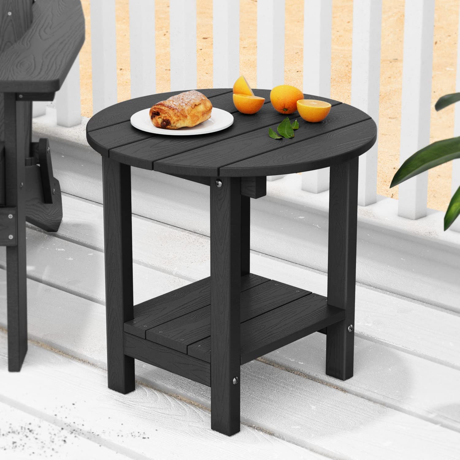 MXIMU Round Outdoor Side Table Adirondack Tables 18 Inch Chairside End Tables with Storage Shelf, 2-Tier Plastic Patio Side Table for Balcony Backyard Lawn (Black, 1 Pack)