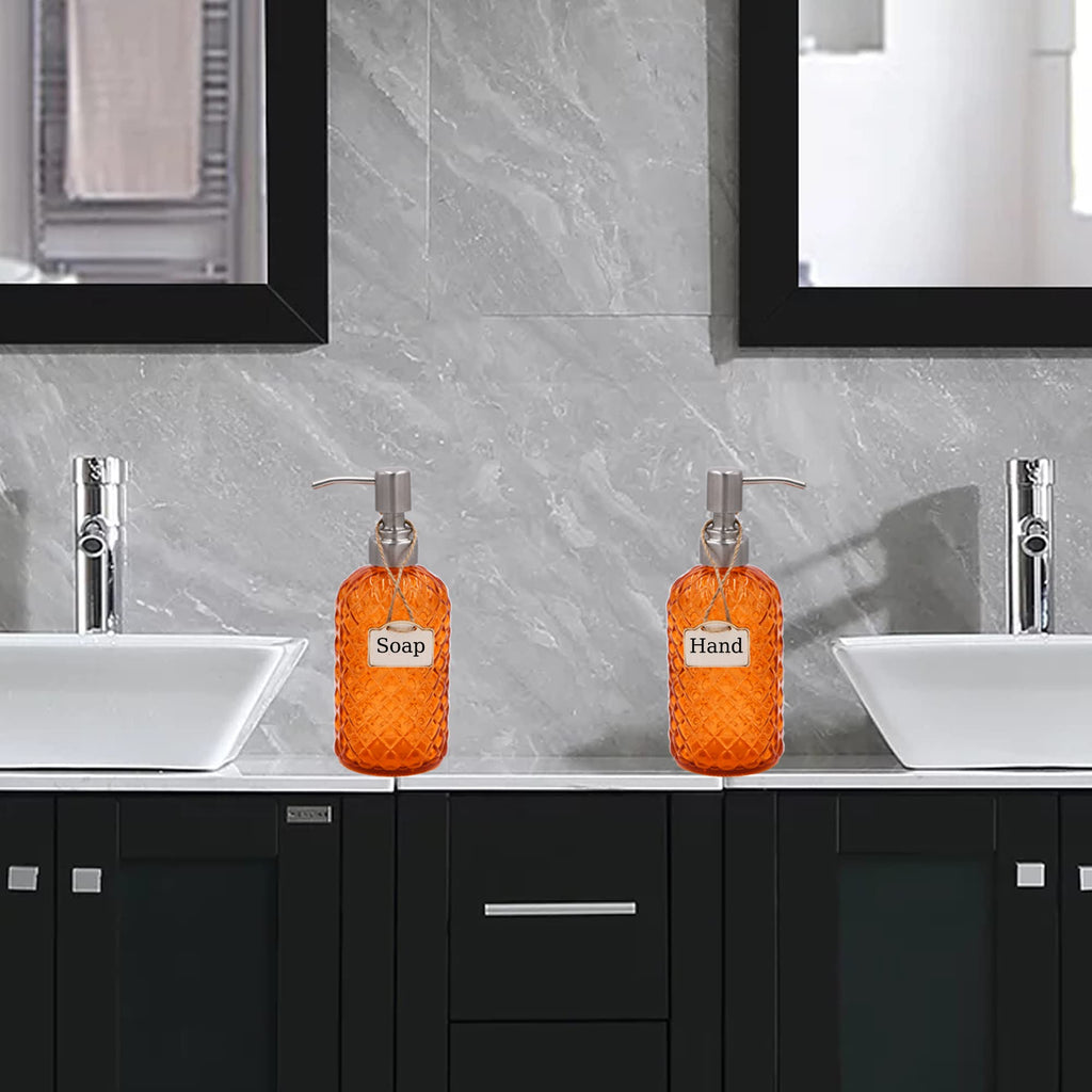 16 oz Diamond Pattern Glass Soap Dispenser, Kitchen and Bathroom Refillable Soap Dispenser with Rust Resistant Stainless Steel Pump for Hand Soap, Lotion Glass Liquid Dispenser(Amber)