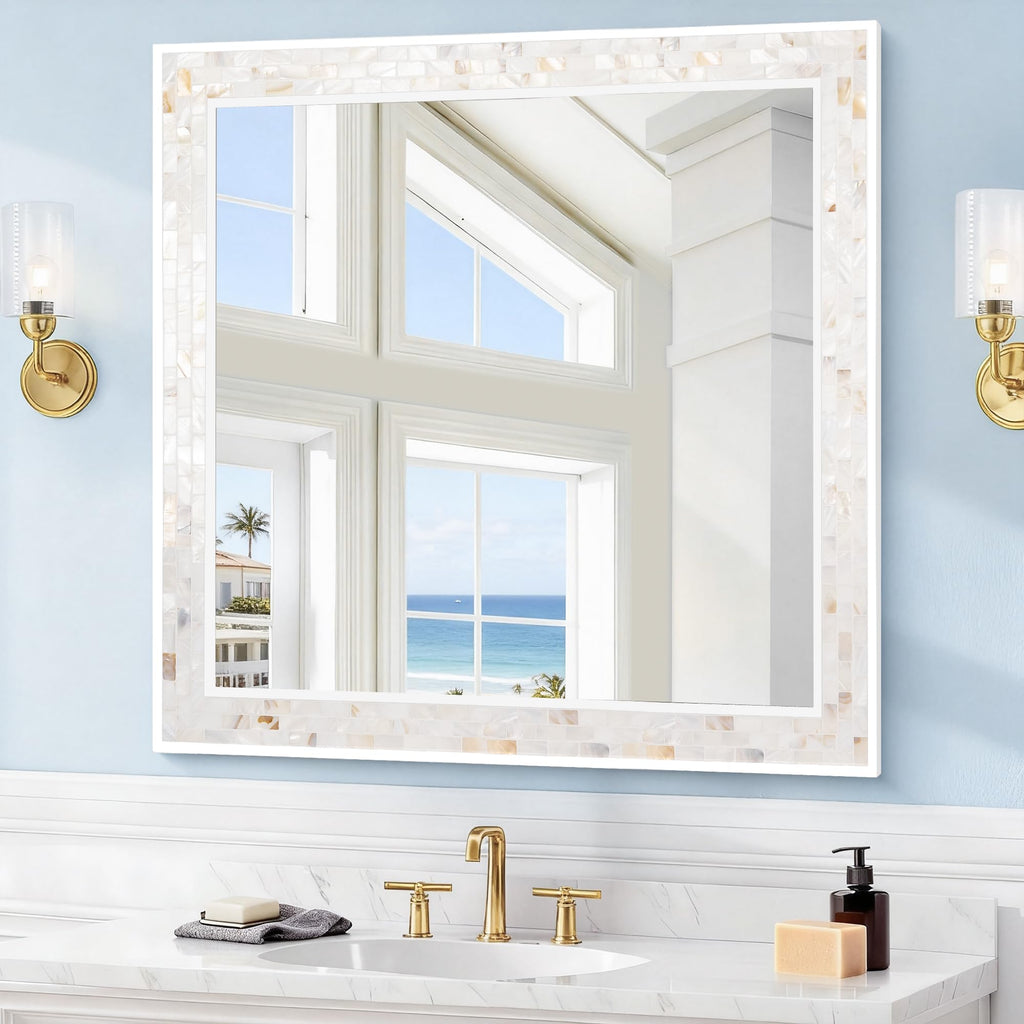 Tanmicoshomy Round Wall Mirror 24 Inch,Circle Mosaic Mirror with Natural Mother of Pearl and Wood Frame, Decorative Coastal Round Wall Mirror for Bathroom Bedroom Living Room Entryway