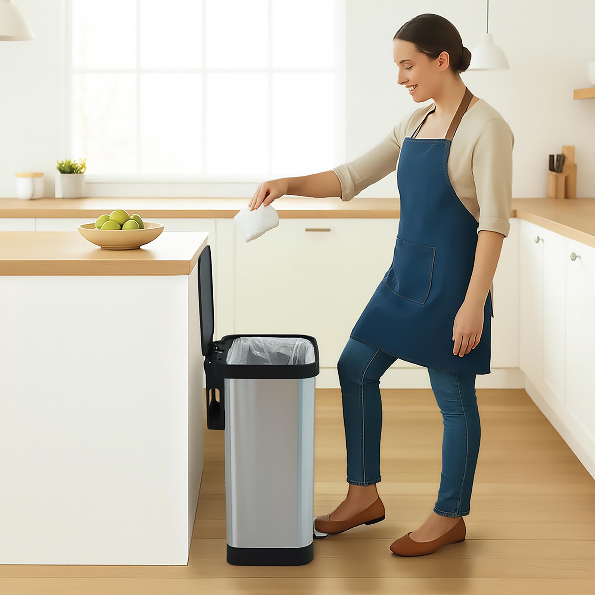 Glad 13 Gallon All Brushed Stainless Steel Trash Can with Clorox Odor Protection | Large Metal Kitchen Garbage Bin with Soft Close Lid, Garbage Bag Rings, Step On Foot Pedal and Waste Bag Roll Holder