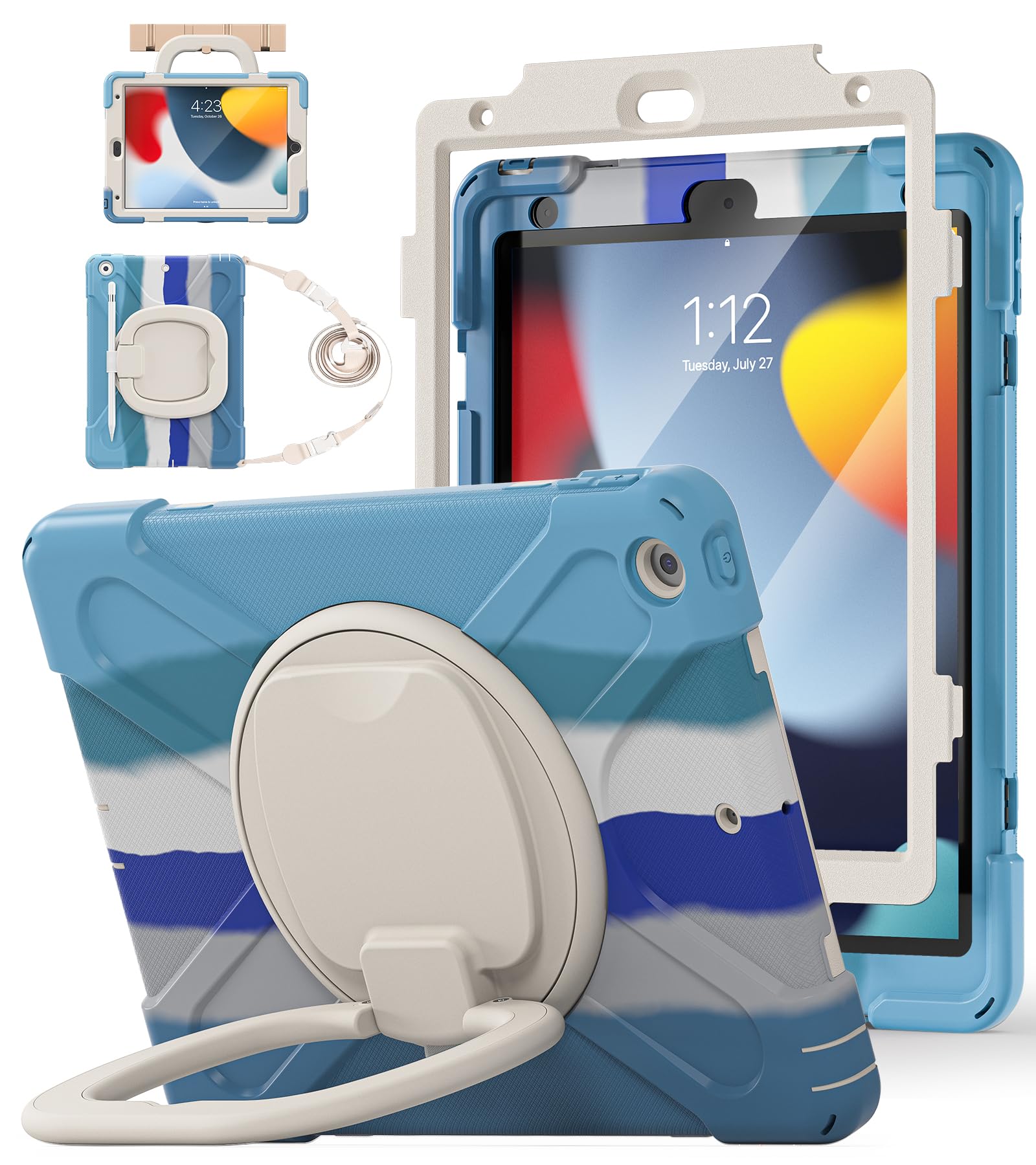 BATYUE for iPad 9th/ 8th/ 7th Generation Case (iPad 10.2 inch Rugged Case 2021/2020/2019) with Screen Protector, Rotating Stand/Pencil Holder/Carrying Shoulder Strap (Colourful Pink)
