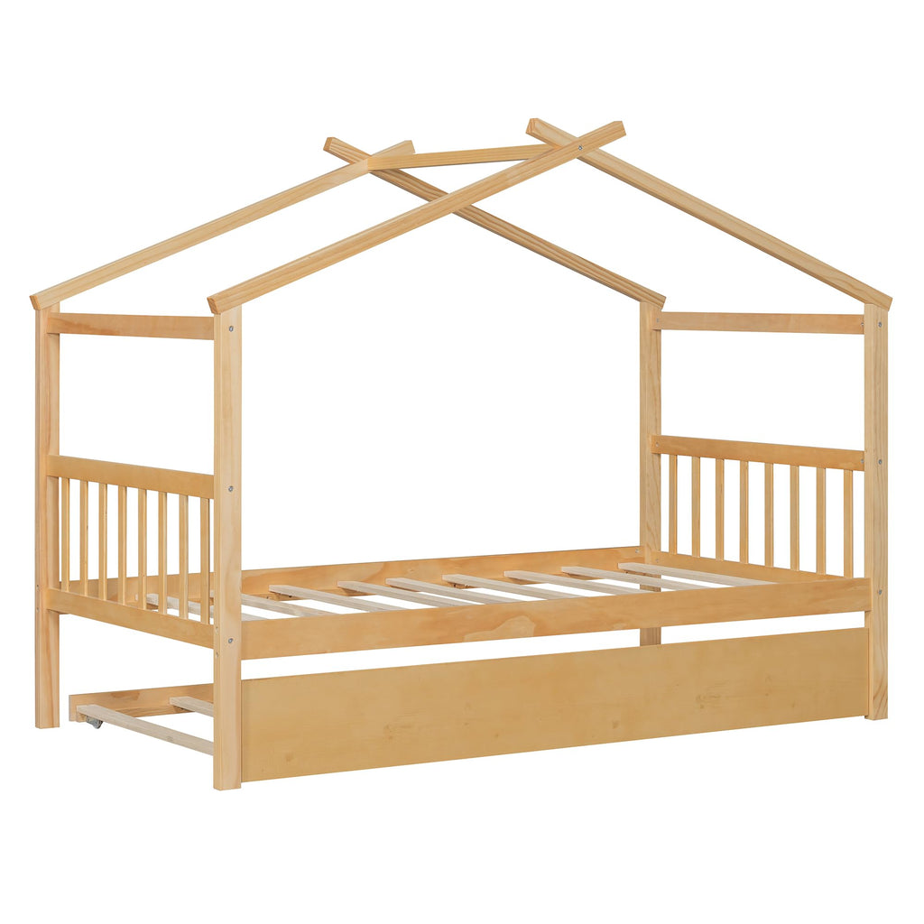 Merax Twin Size Wooden House Bed with Two Drawers, Wood Bed Frame with Roof for Kids, Teens, Boys or Girls, Grey