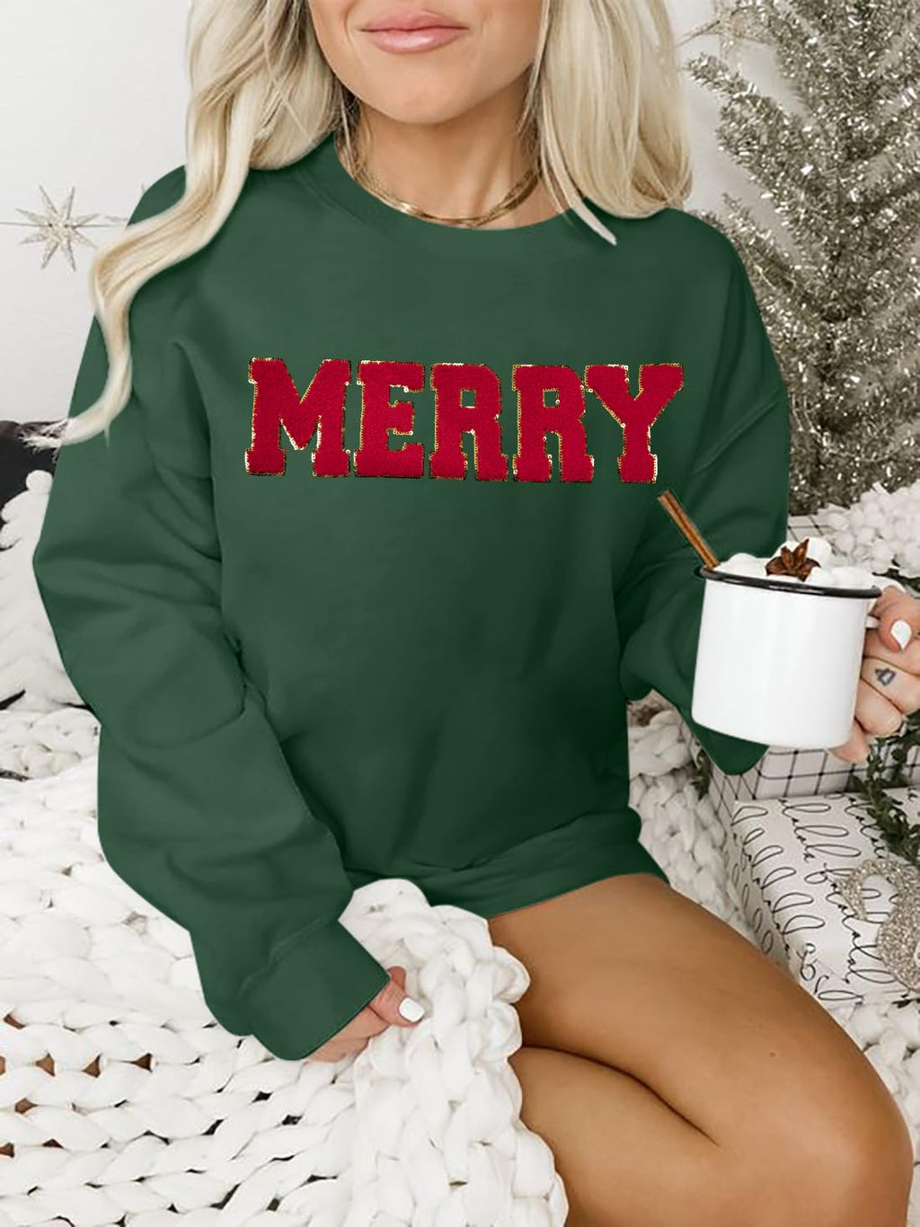 FASHGL Christmas Sequins Sweatshirts Women Merry Glitter Patch Crewneck Sweater Xmas Long Sleeve Pullover Top