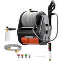 Giraffe Tools Grandfalls Retractable Wall Mounted Pressure Washer Pro, 3700 PSI, 1.6 GPM Electric Power Washer, Automatic Rewind, 100ft Pressure Hoses, 5 Nozzles for Cars/Fences/Patios, Dark Silver