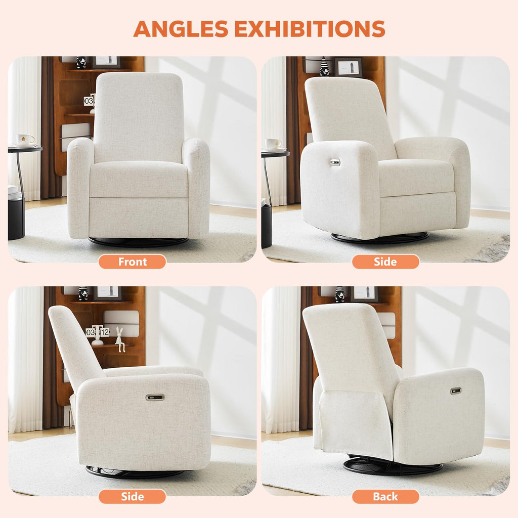 Power Recliner Chair, Swivel Rocker Recliner w/USB & Type-C Charging Ports, Chenille Upholstered Swivel Rocker Glider Recliner for Nursery,Living Room, Bedroom, 1PC, Cream