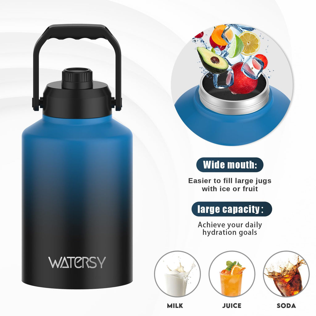 WATERSY Half Gallon Water Bottle Insulated(Cold for 48 Hrs),BPA Free&Leak Proof,64oz Stainless Steel Water Jug/Flask,Big thermo,Large Water Bottle with Handle for Gym,Hiking,Camping,Black