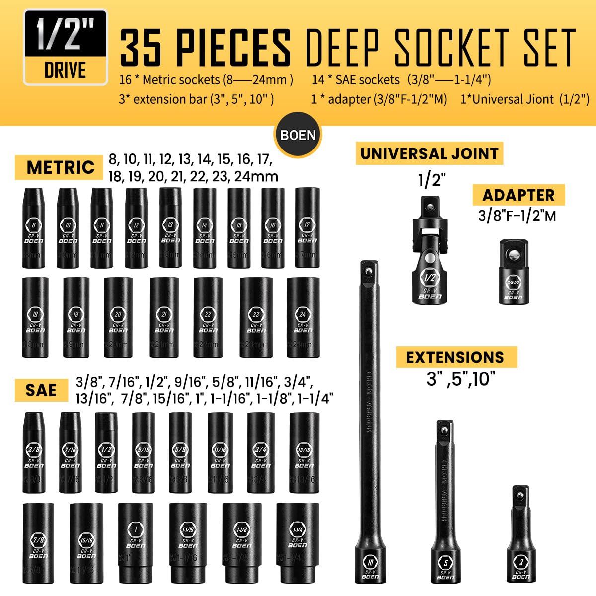 BOEN 1/2" Drive Deep Impact Socket Set, 11 Pieces Socket Set Metric 10-24mm, 6 Point Design, Cr-V Steel, Laser Marking, Durable Storage Case, Meets ANSI Standards