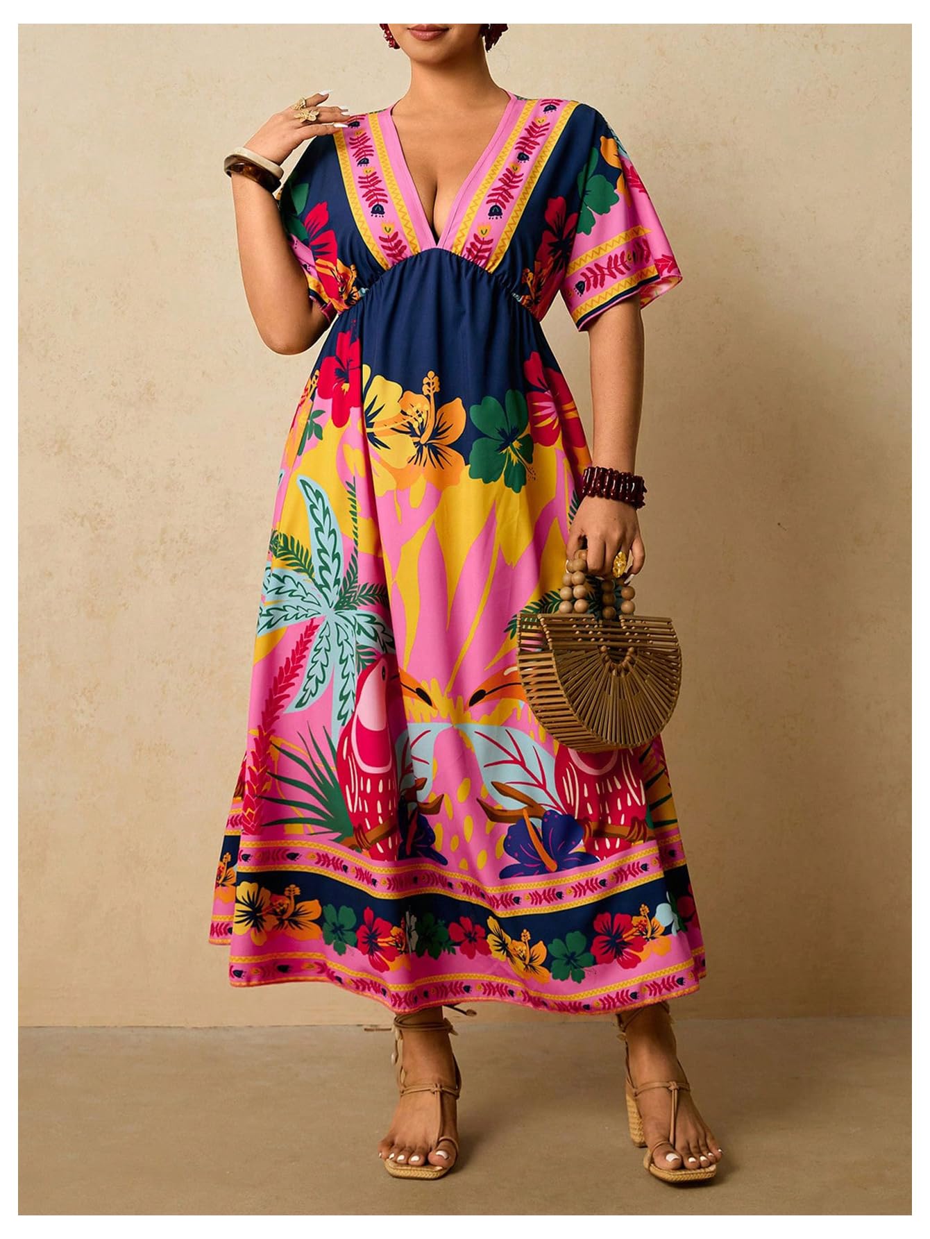 Floerns Women's Plus Size Boho Hawaiian Tropical Dresses V Neck Short Sleeve Floral A Line Long Dress Vacation Beach Outfits