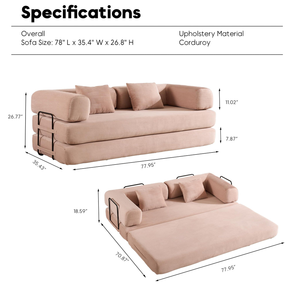 ZEIINPA 59“ Convertible Floor Sofa Bed, 5-in-1 Futon Sofa Bed Pull Out Sleeper Couch, Modern Corduroy Compressed Loveseat, Modular Boneless Couches for Living Room, No Assembly Required, Beige