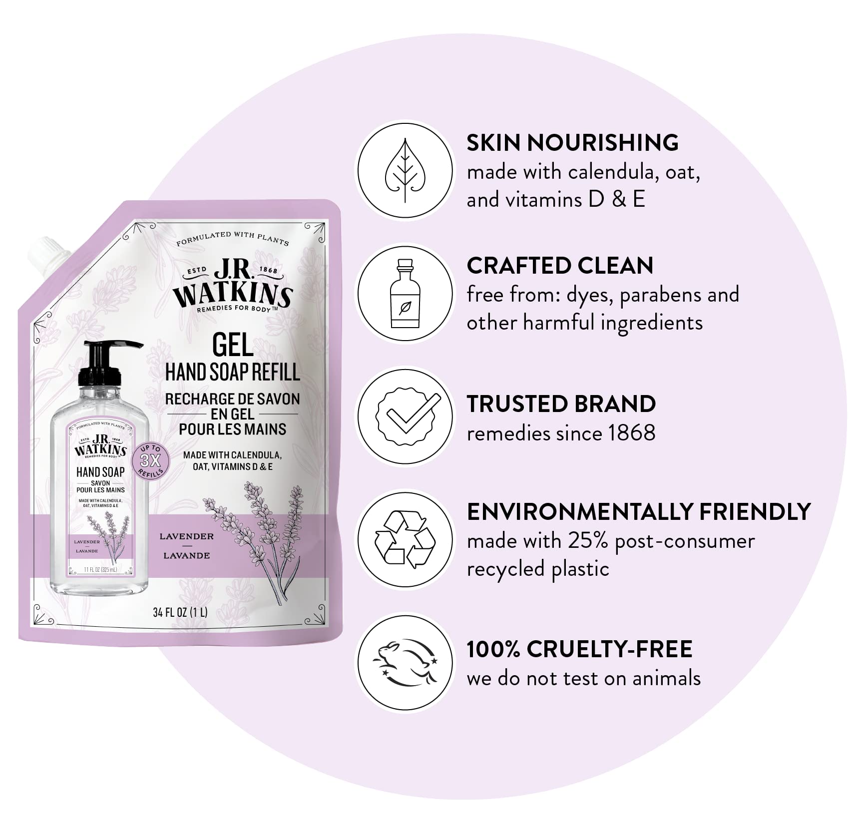 J.R. Watkins Gel Hand Soap Refill, Moisturizing Hand Wash, Formulated with Plant-Based Cleansers, Alcohol-Free, Cruelty-Free, Aloe & Green Tea, 34 Fl Oz, 2 Pack