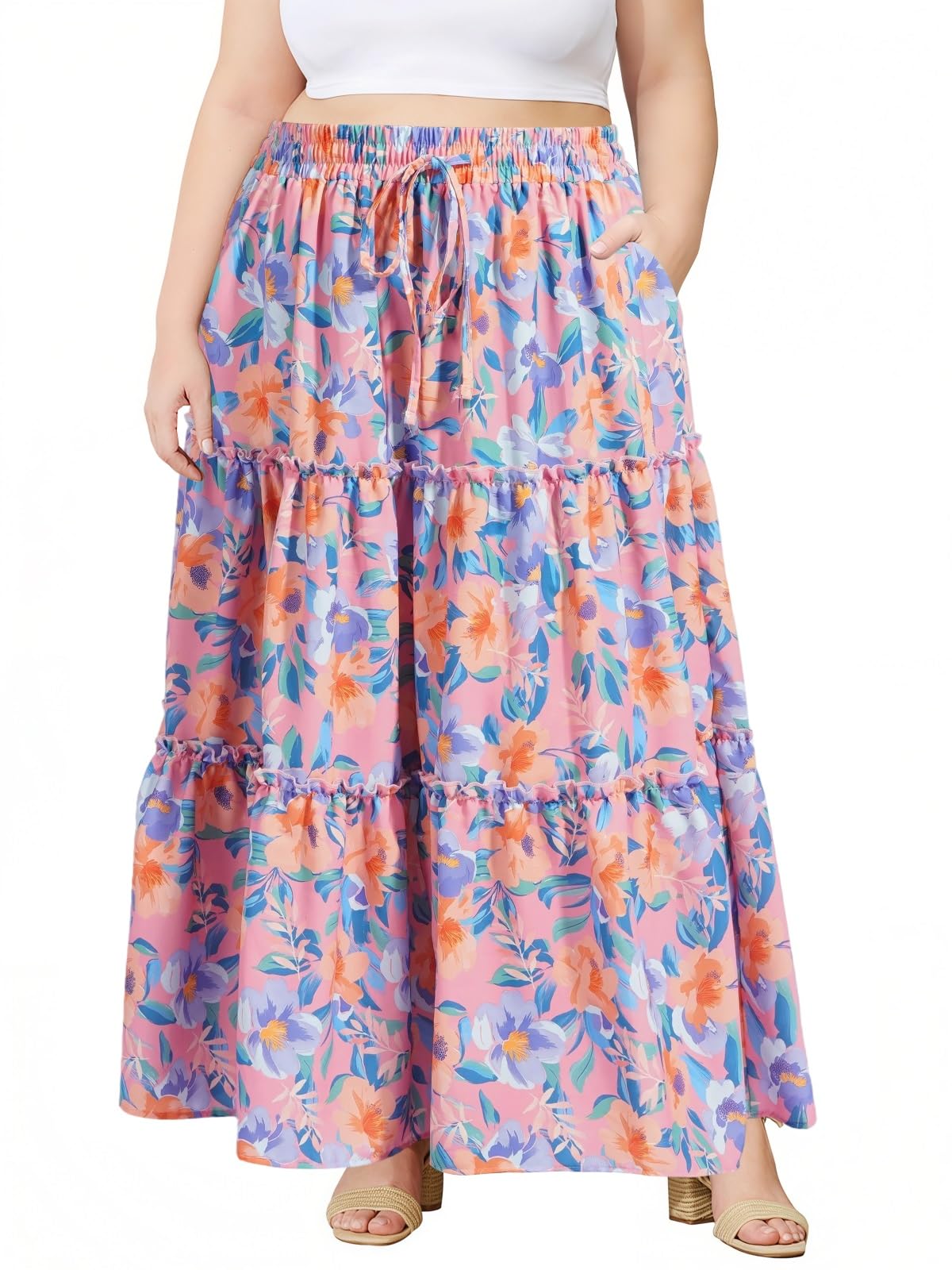 Moon Wood Plus Size Maxi Skirts for Women Trendy Long Flowy Boho Tiered Skirt Renaissance Summer Beach Skirt with Pockets