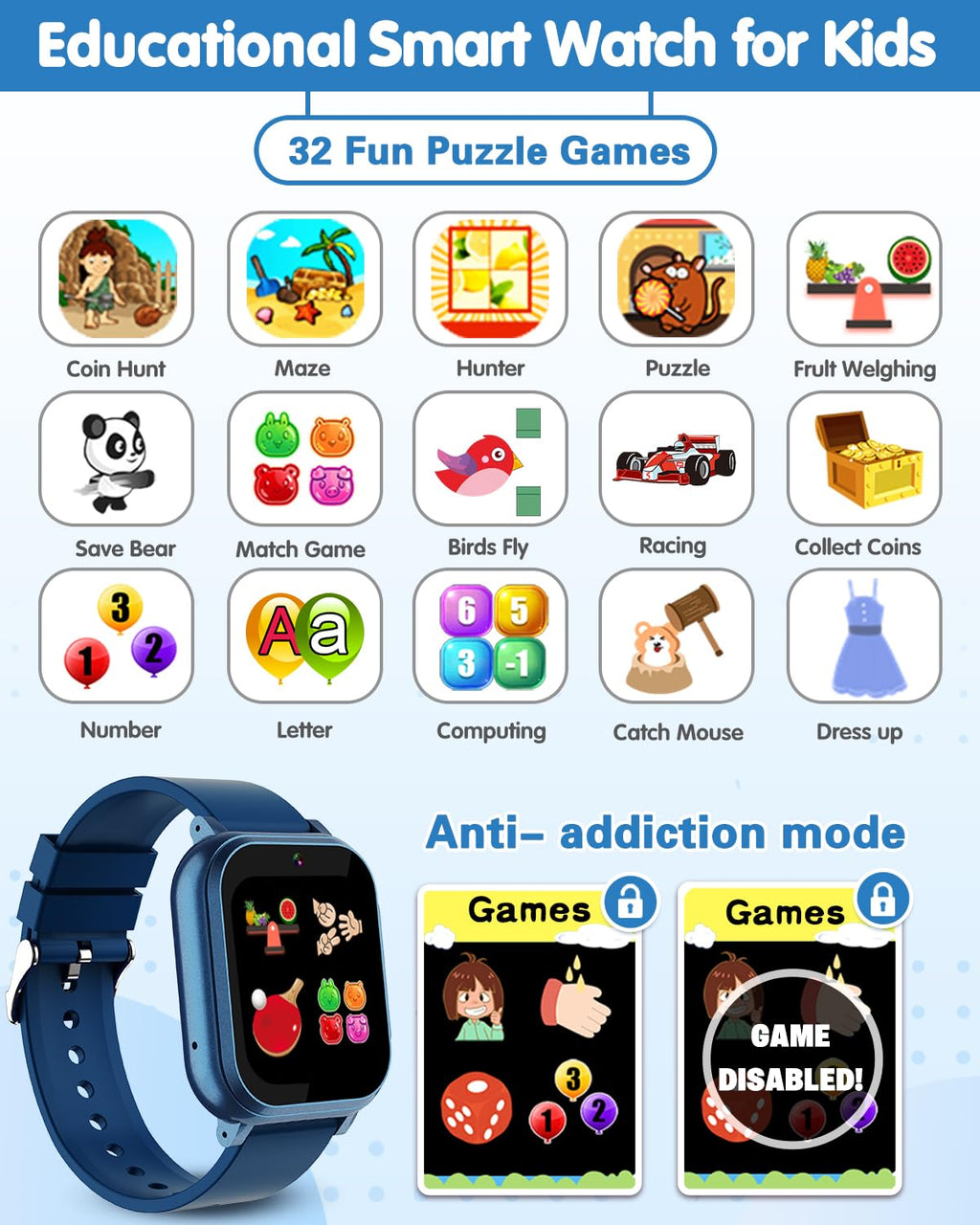 Kids Waterproof Smart Watch Boys Toys Age 5-12 with 32 Games, Dual Camera, Habit Tracking, Music Player, Video, Alarm Clock, HD Touchscreen Watch for Kids Birthday Gift for 3-12 Years Old Boys(Black)