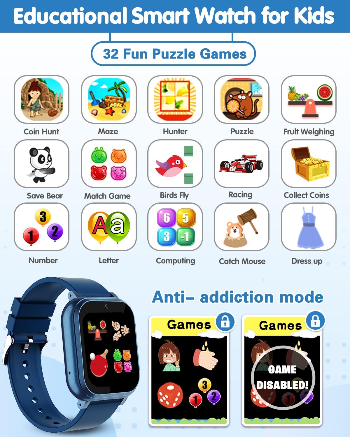Kids Waterproof Smart Watch Boys Toys Age 5-12 with 32 Games, Dual Camera, Habit Tracking, Music Player, Video, Alarm Clock, HD Touchscreen Watch for Kids Birthday Gift for 3-12 Years Old Boys(Black)