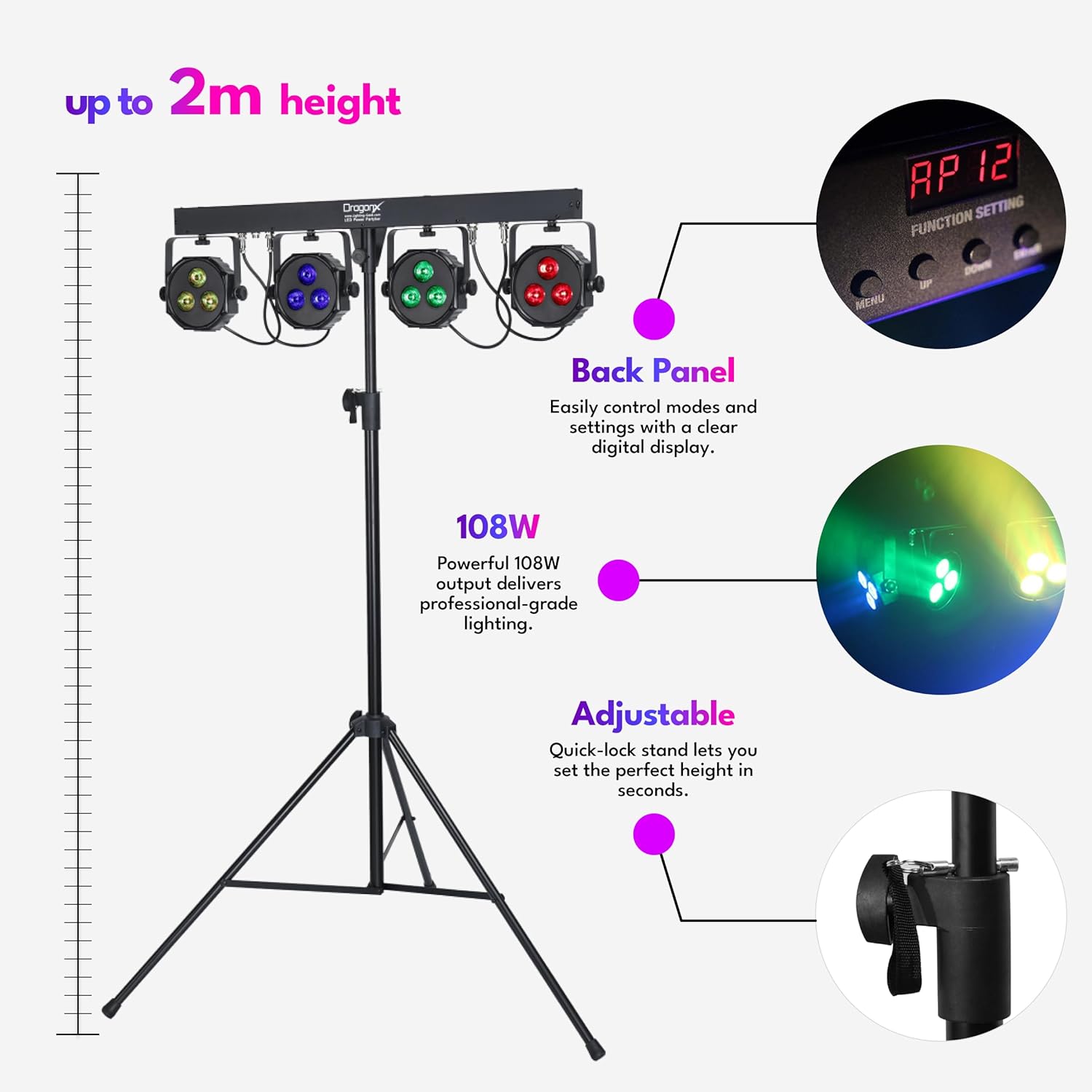 DragonX 4 Gig Bar DJ Lighting System | All-in-One LED Stage Lights with Stand, Foot Pedal & DMX Control | Portable Professional Strobe Lights for DJs, Bands, Weddings, Churches & Live Events