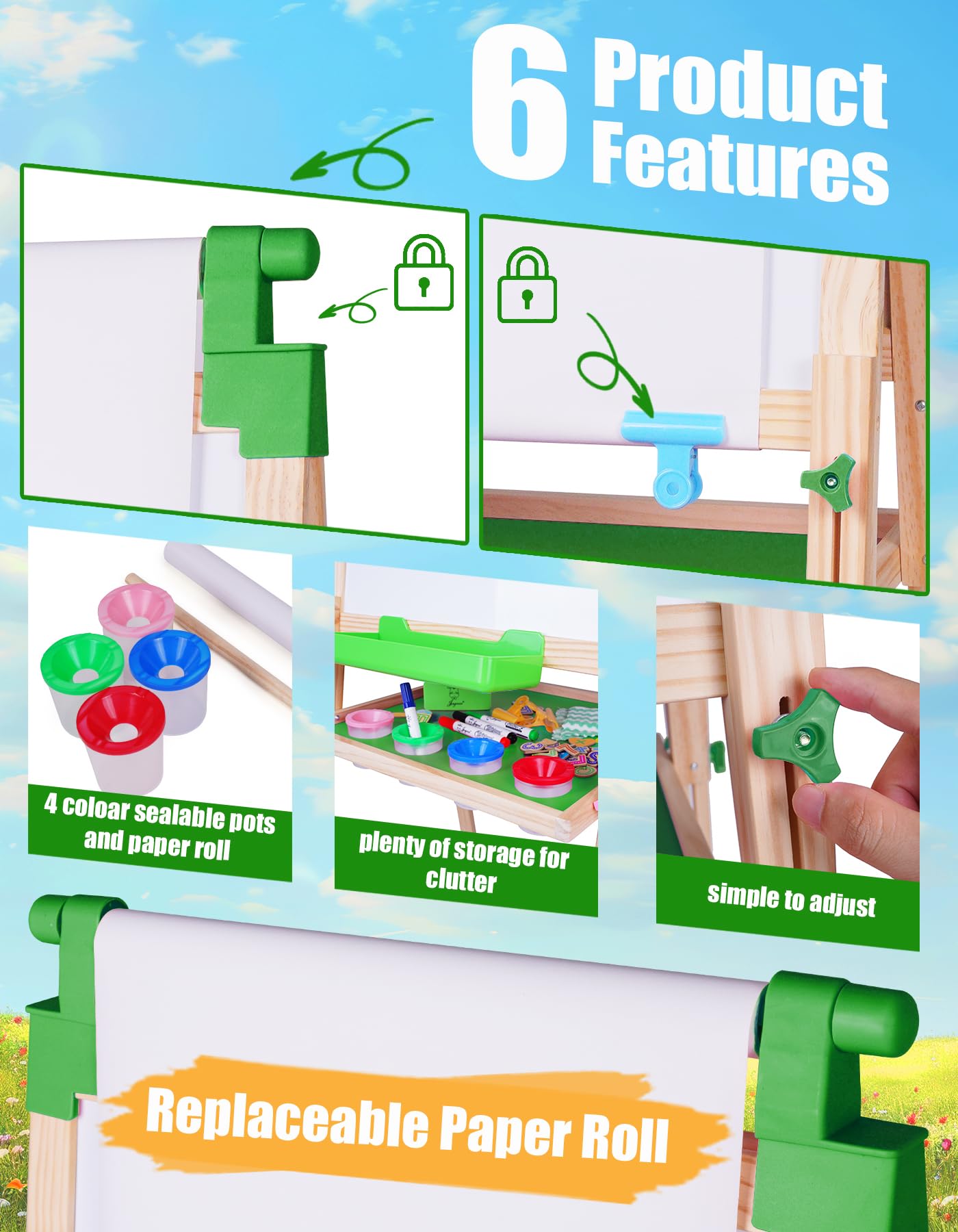 JOYOOSS Easel for Kids Art Easel Kids Easels for Toddlers,Wooden Kid Easel with Paper Roll - Adjustable Magnetic Double Sided Kids Dry Erase Board,Birthday Gifts for 1-12 Year Old Girls or Boys Blue