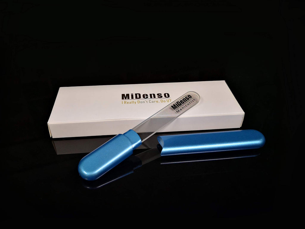 MiDenso Premium Glass Nail File with Case, Crystal Diamond Salon Nail Buffer for Natural and Acrylic Nails, Apricot Color, Japanese Nano Technology, 5.5 Inch