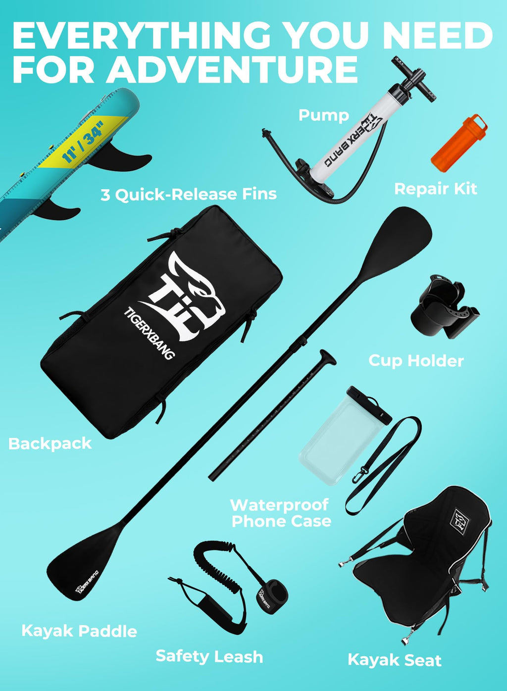 TIGERXBANG 11'6"/11'/10' Inflatable Paddle Board with Complete Accessories, Versatile Premium Paddle Boards for Adults/Youth, Stand Up Paddle Board Polar/Wave/Sunny Wave Collection