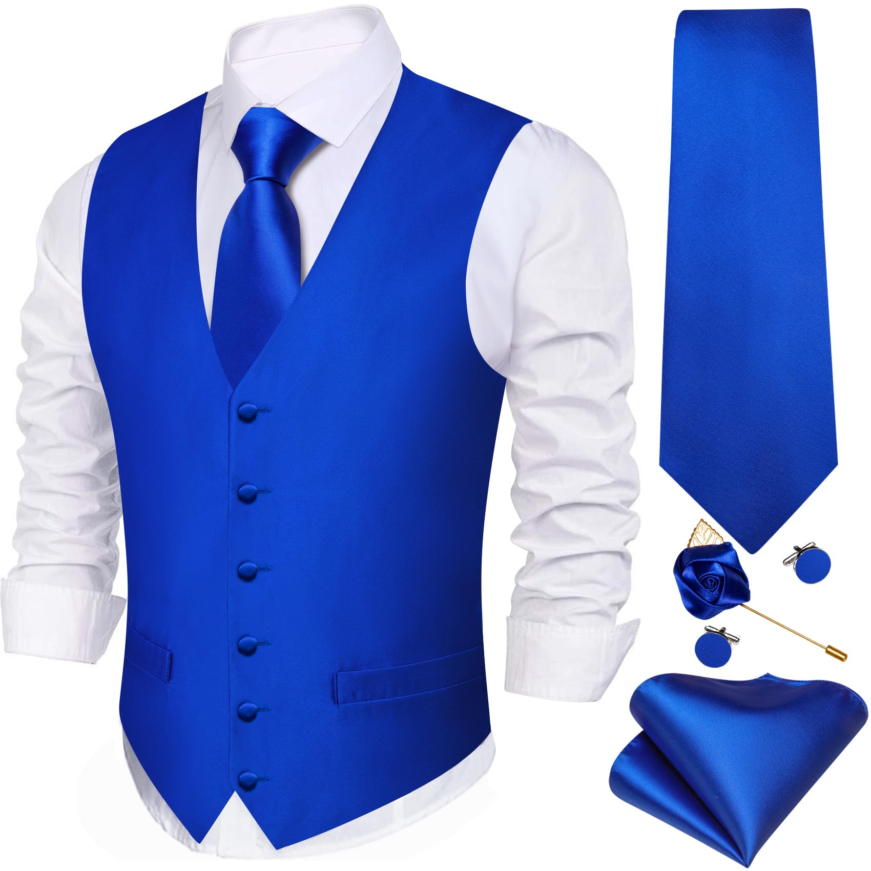 Barry.Wang Men's Suit Vest Formal/Leisure Paisley Jacquard Silk Tie Pocket Square Waistcoat Set Wedding 5PCS