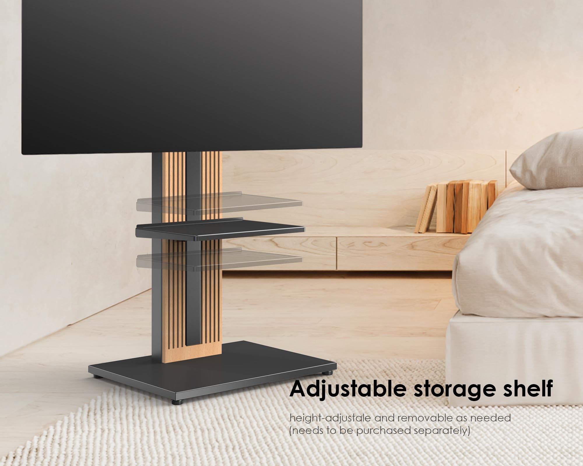 FITUEYES Wood TV Stand Swivel Mount with Hidden Back Storage for 32-65 inch TV Screens, Scandinavian Style Tall Floor TV Stand for Home Decor with Reinforced Base, Zen Series, Black
