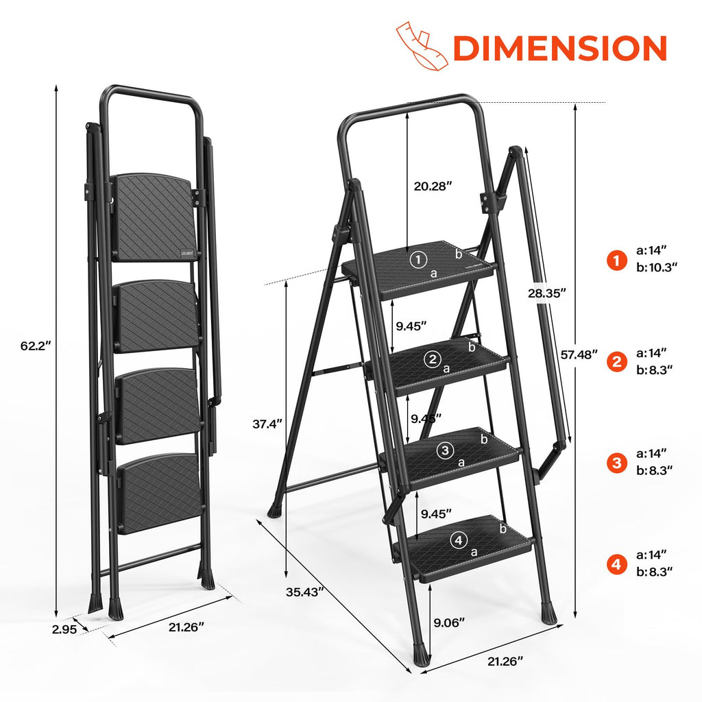 LUISLADDERS 3 Step Ladder with Handrails, Folding Step Stool with Widened Anti-Slip Pedal, 500lbs Lightweight Step Ladder 3 Step Folding, Multi-use for Home Kitchen Pantry Office, Black