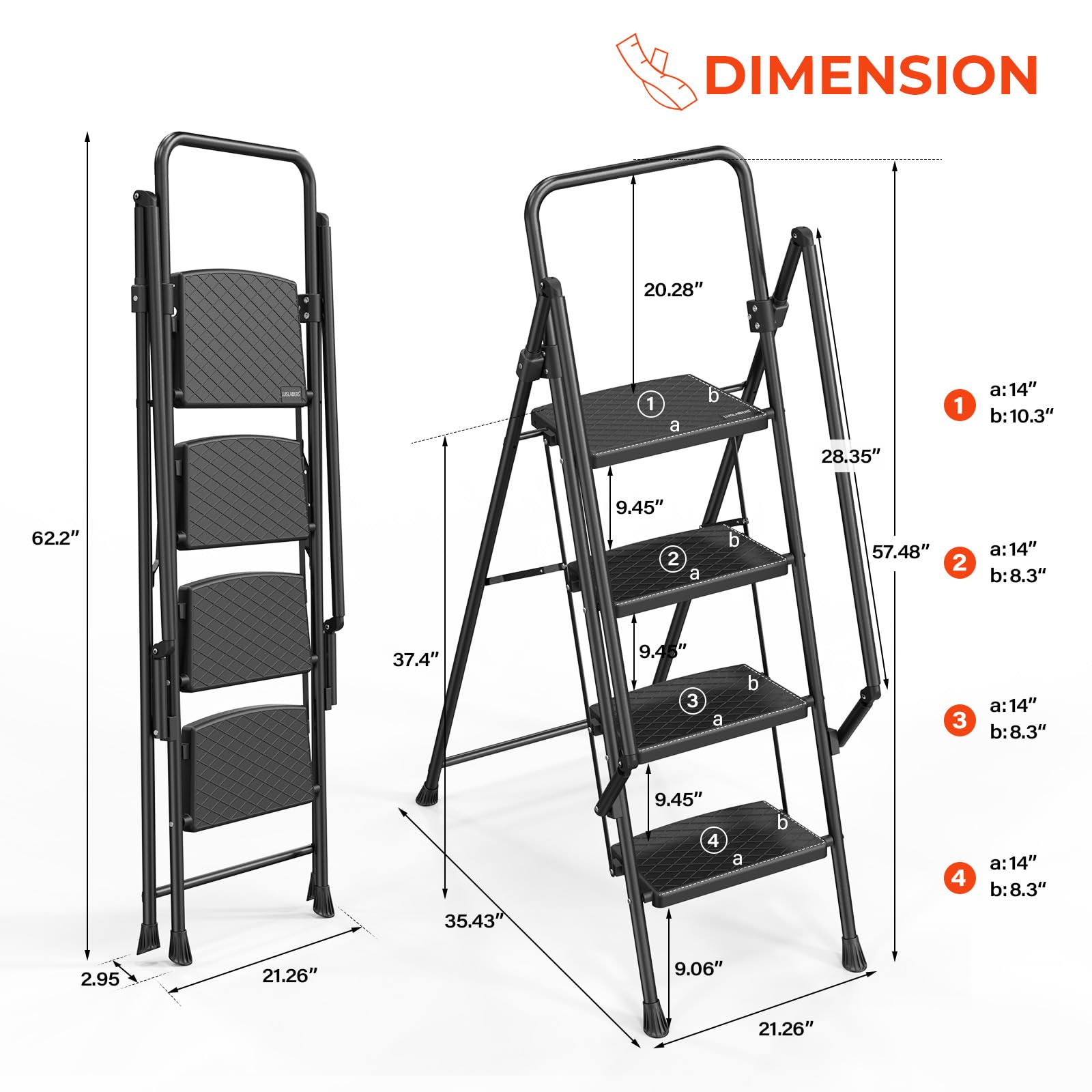 LUISLADDERS 3 Step Ladder with Handrails, Folding Step Stool with Widened Anti-Slip Pedal, 500lbs Lightweight Step Ladder 3 Step Folding, Multi-use for Home Kitchen Pantry Office, Black