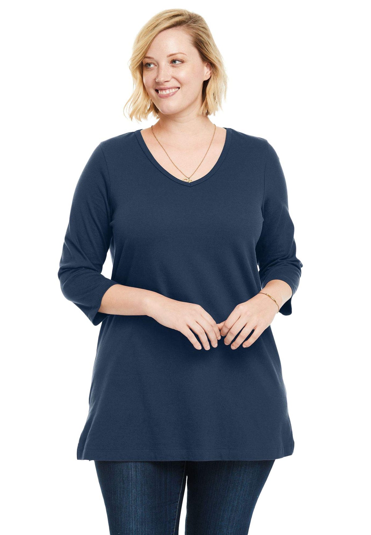 Woman Within Perfect Three-Quarter Sleeve V-Neck Tunic