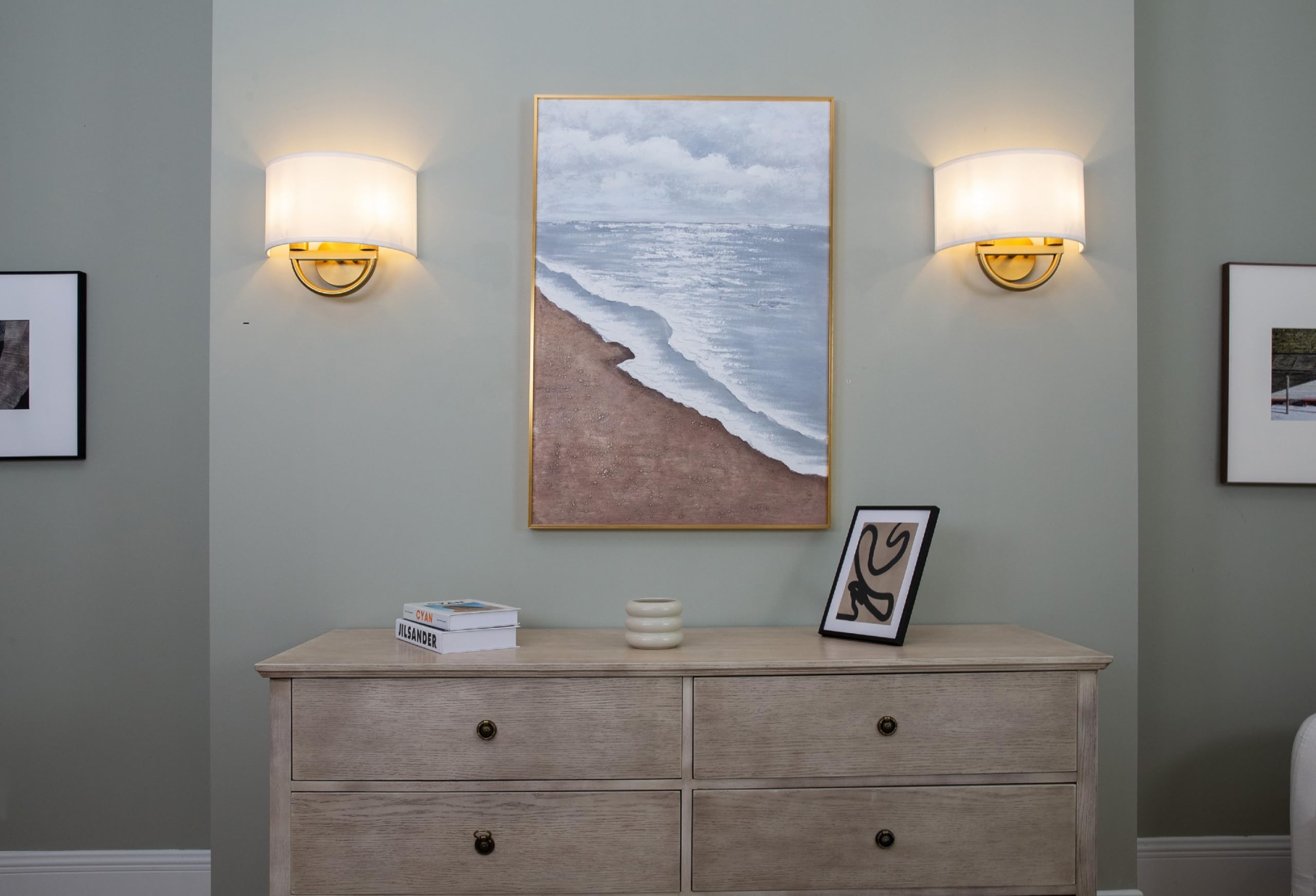 Yosoan White Fabric Cloth Boho Aged Brass Gold Wall Sconce Stairwell Fixture Light, 2-Light Dual Indoor Hardwired Vanity Vintage Wall Mount Lamp Antique Metal Base Semicircle Shade Lamp for Hallway